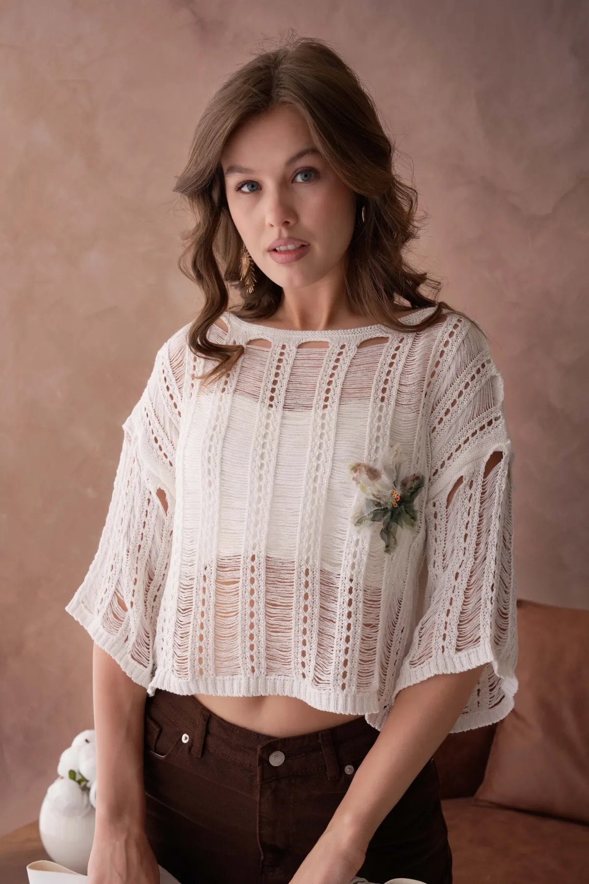 Kadın Geniş yaka Ajurlu Triko Bluz 8287Sw