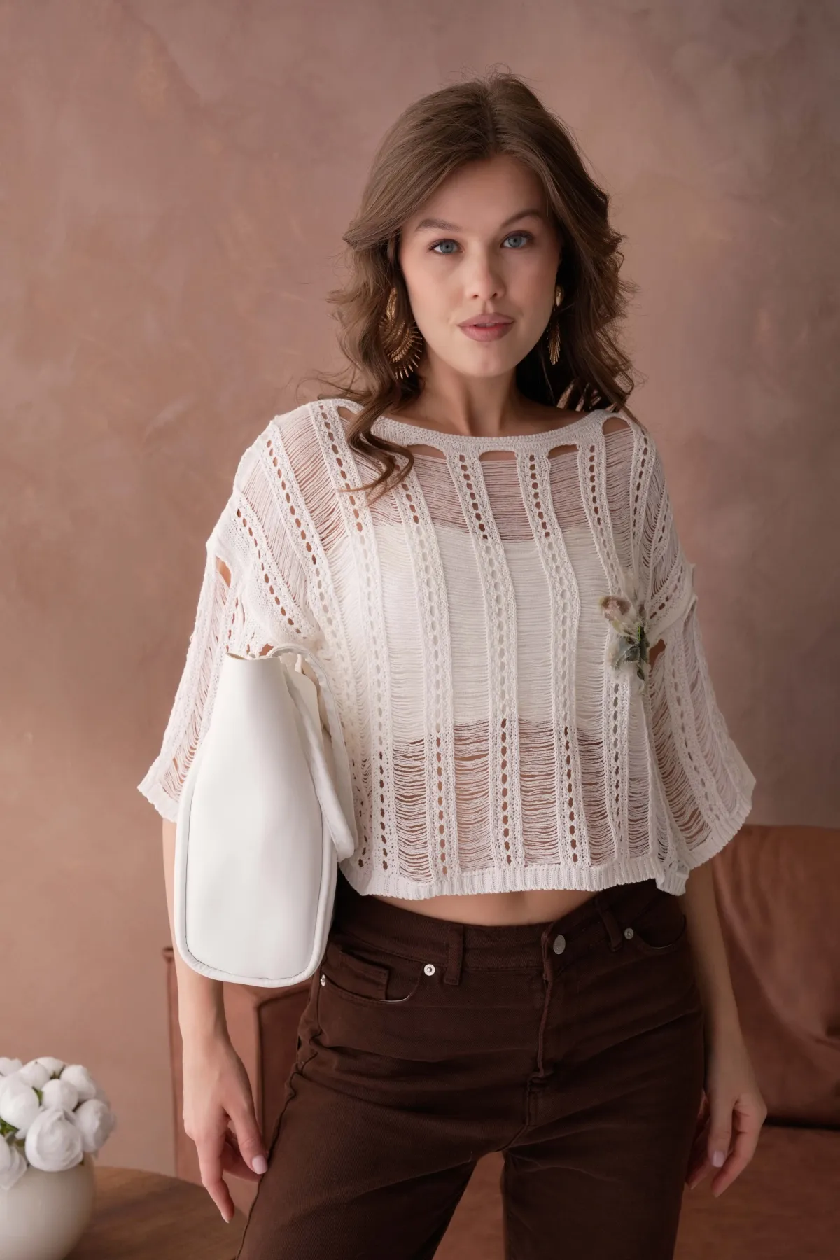 Kadın Geniş yaka Ajurlu Triko Bluz 8287Sw