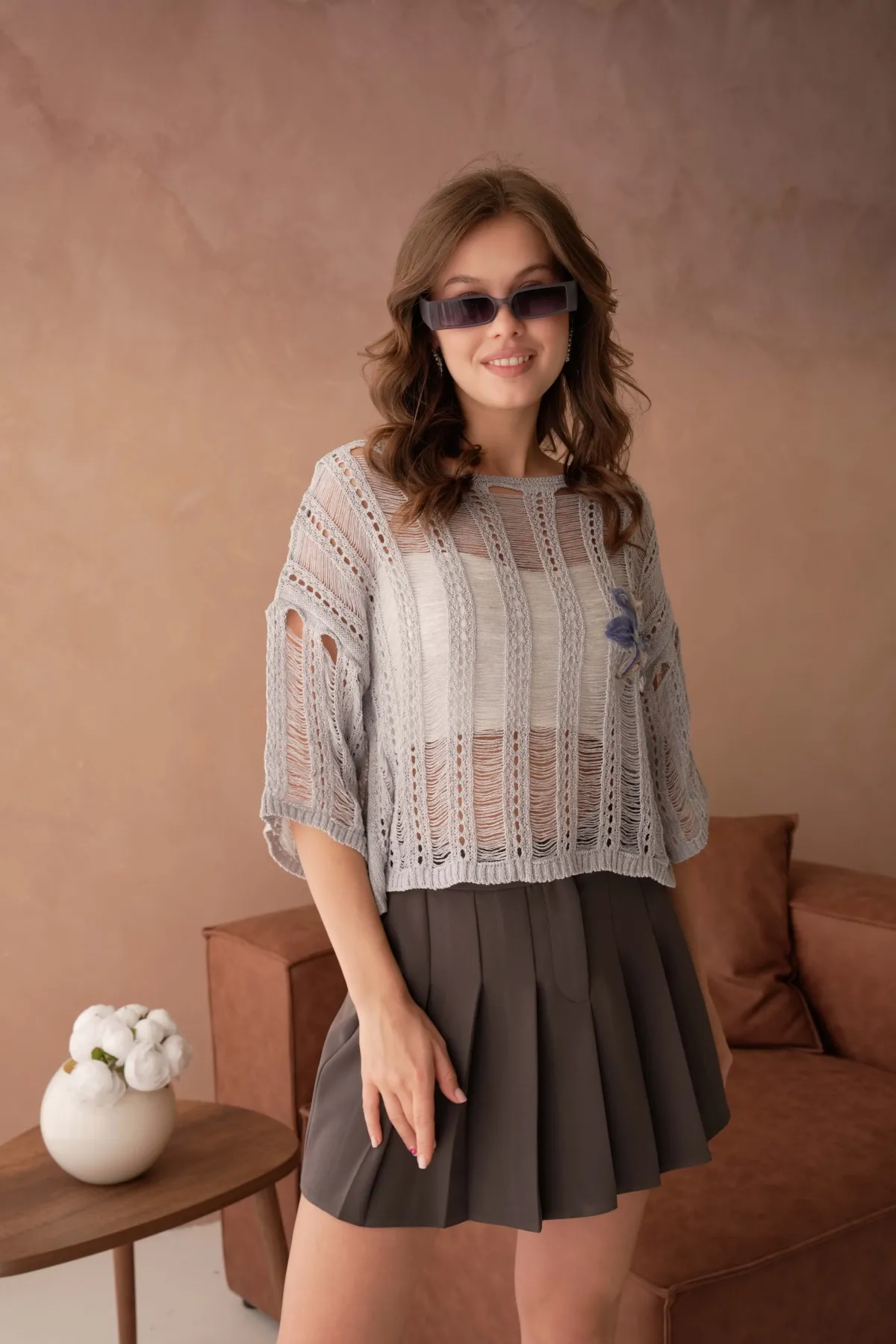 Kadın Geniş yaka Ajurlu Triko Bluz 8287Sw