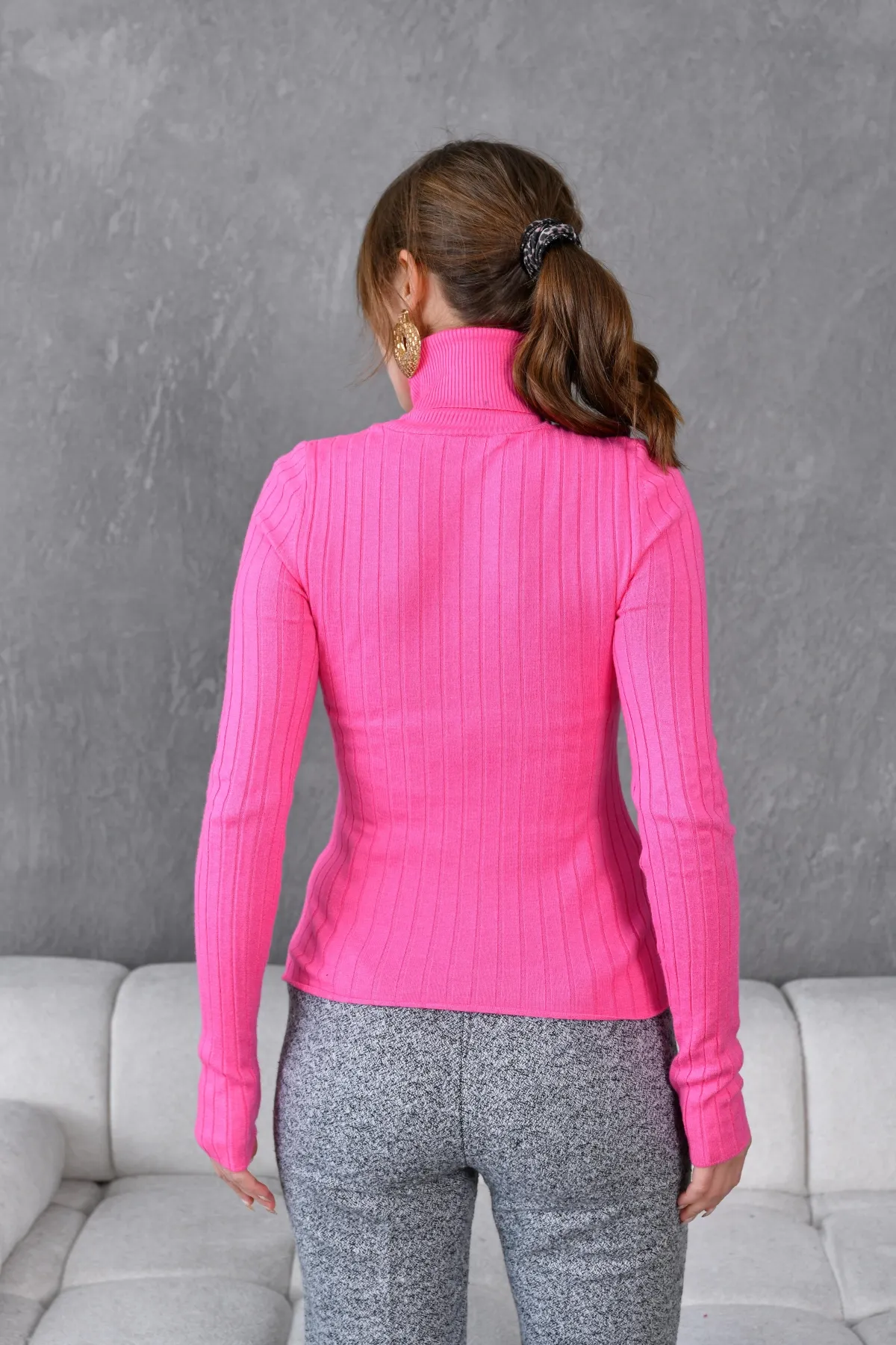 Kadın Balıkçı Yaka Fitilli Premium İplik Triko Kazak