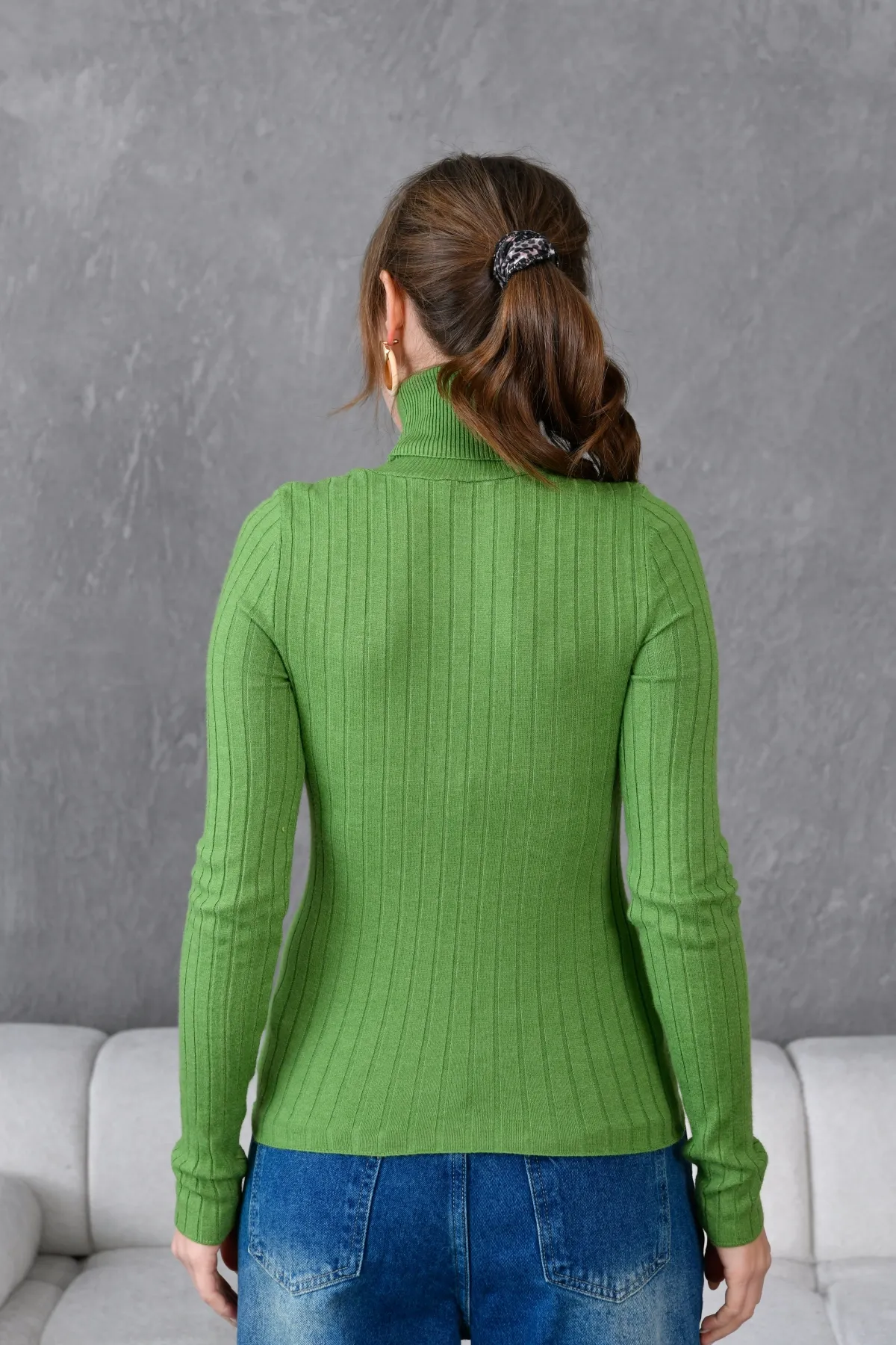 Kadın Balıkçı Yaka Fitilli Premium İplik Triko Kazak