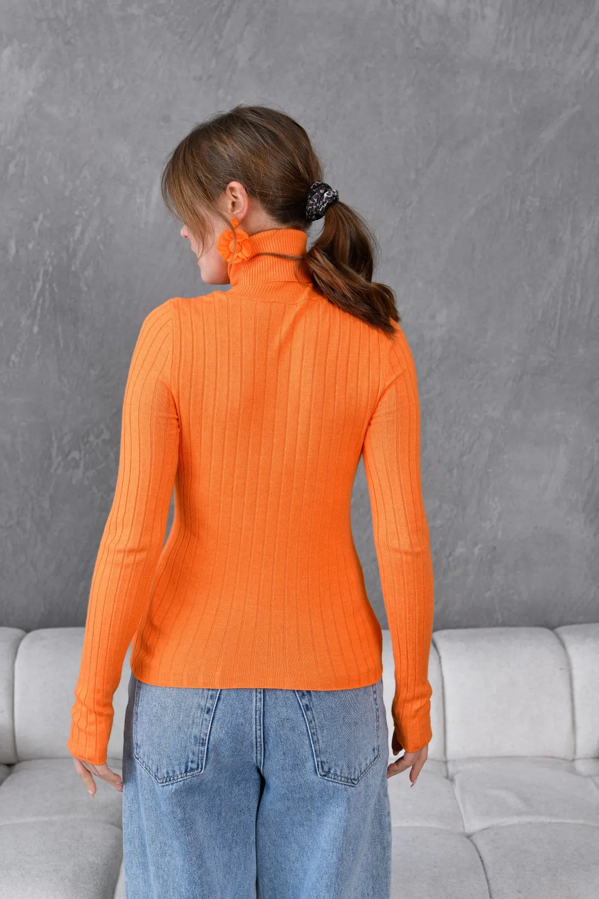 Kadın Balıkçı Yaka Fitilli Premium İplik Triko Kazak