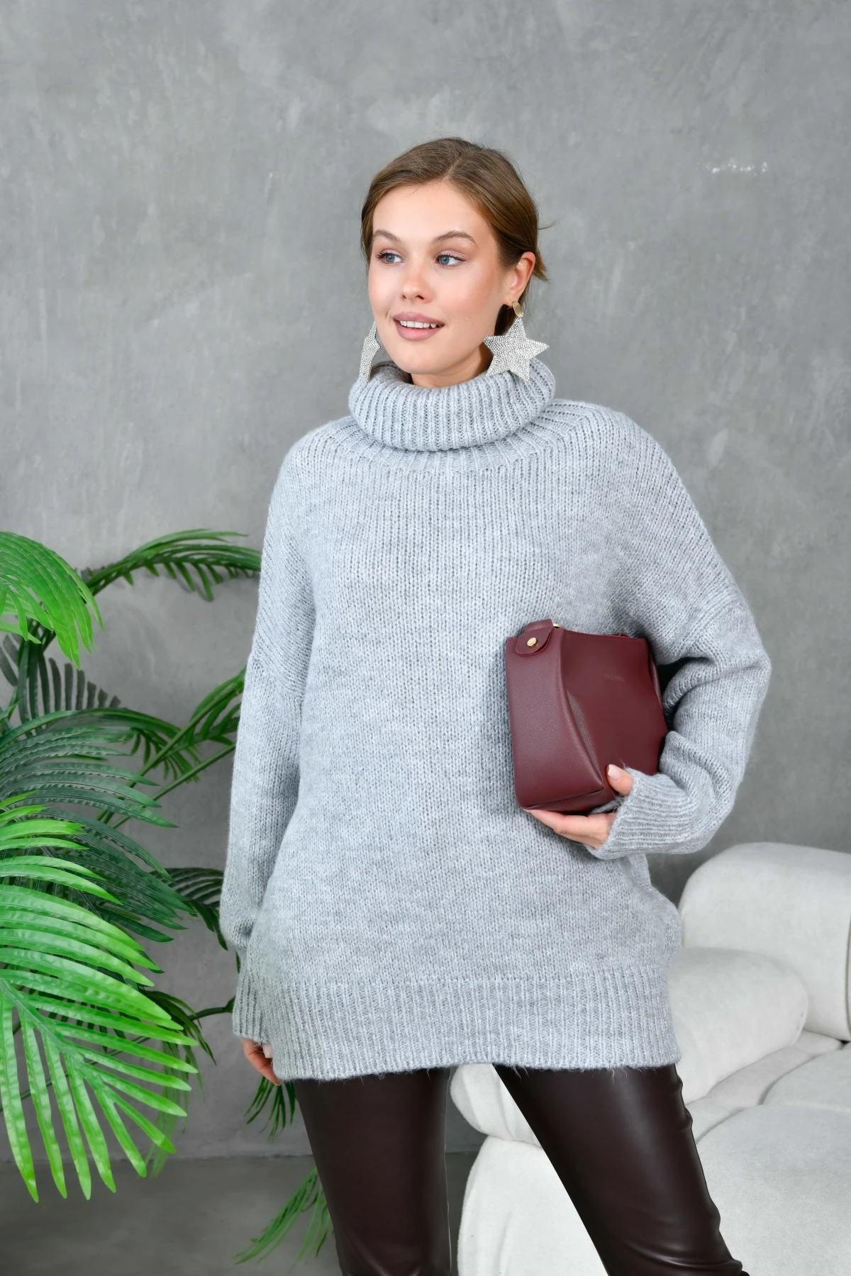 Kadın Balıkçı Yaka Kaşkorse Oversize Triko Tunik 223009