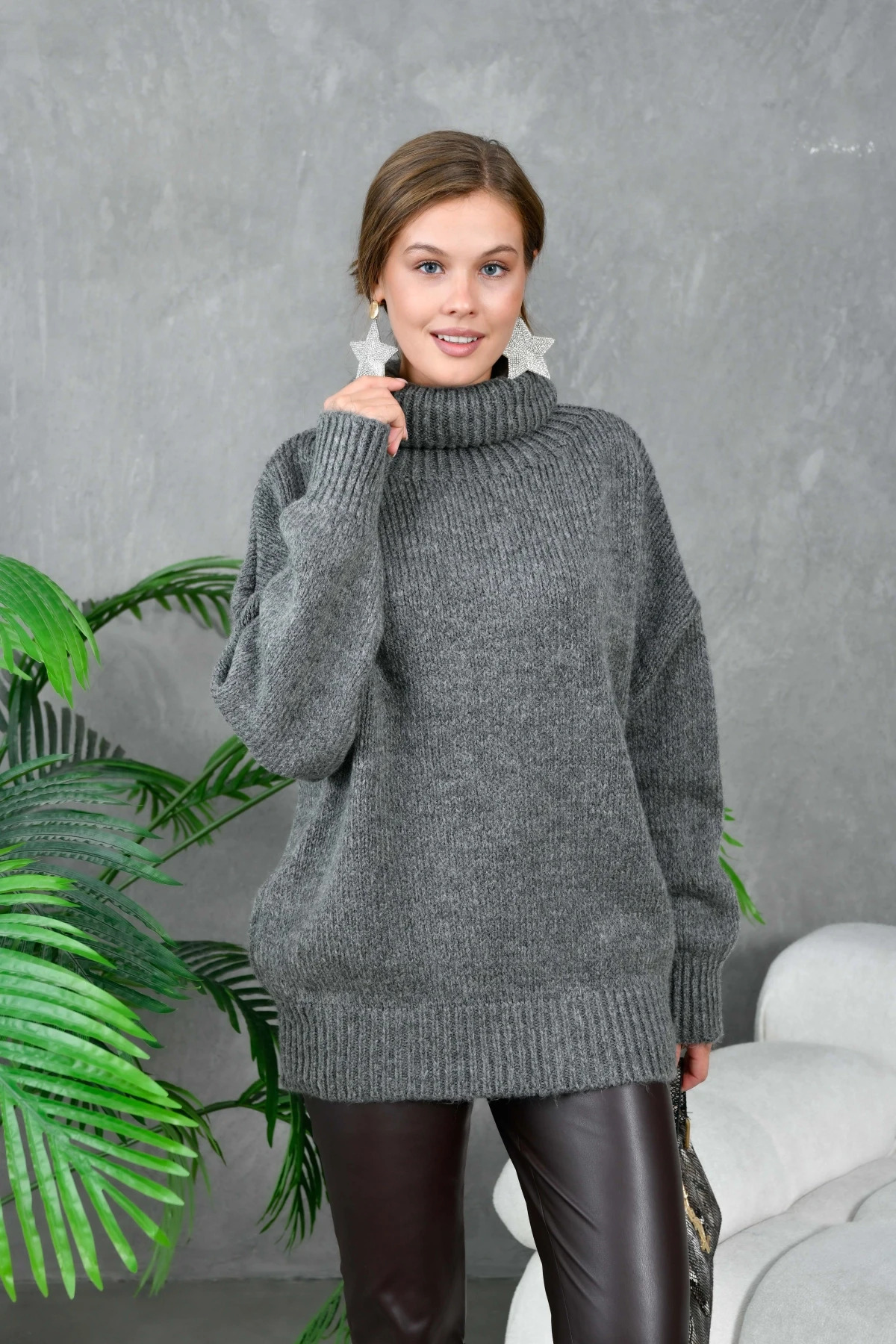 Kadın Balıkçı Yaka Kaşkorse Oversize Triko Tunik 223009