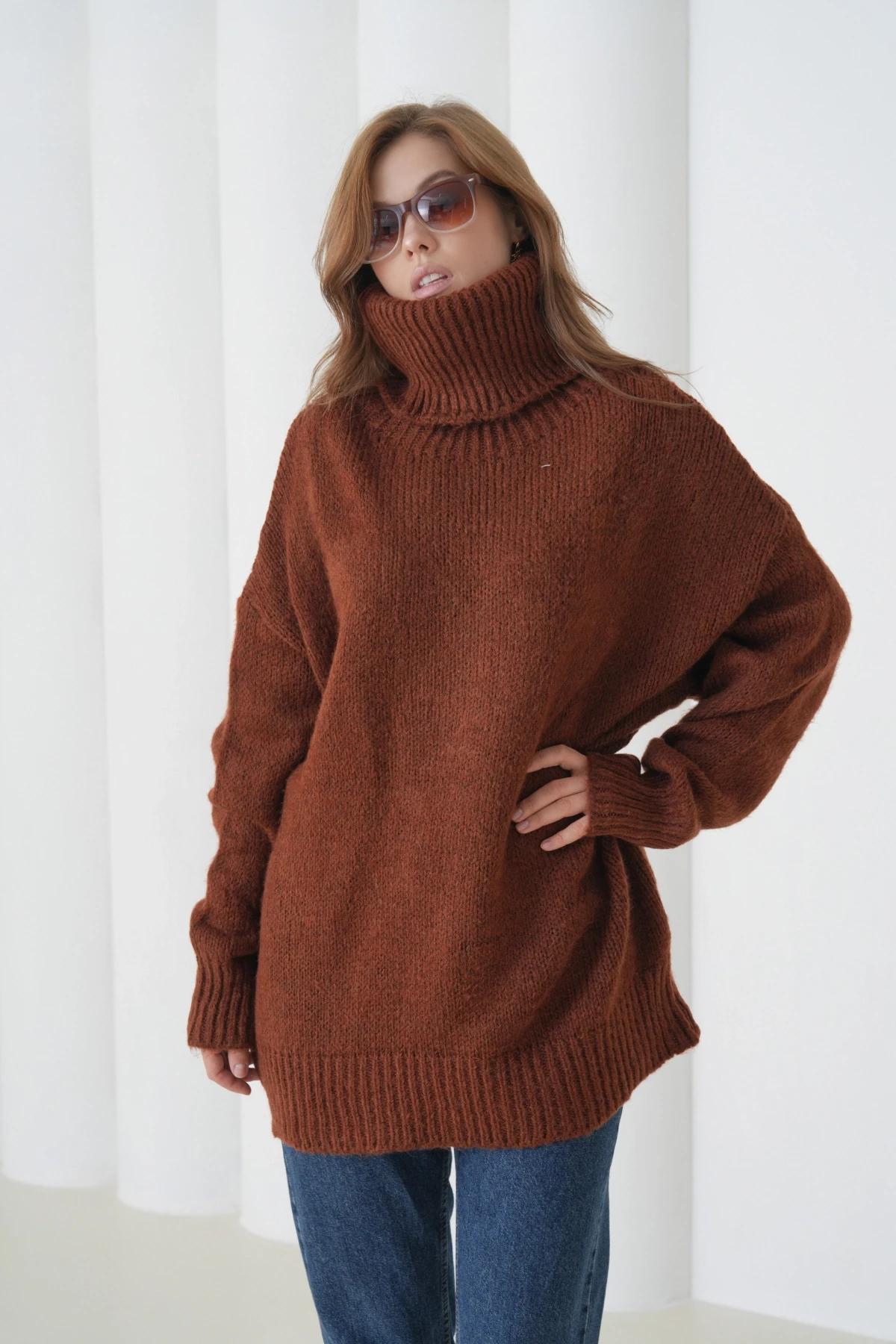 Kadın Balıkçı Yaka Kaşkorse Oversize Triko Tunik 223009