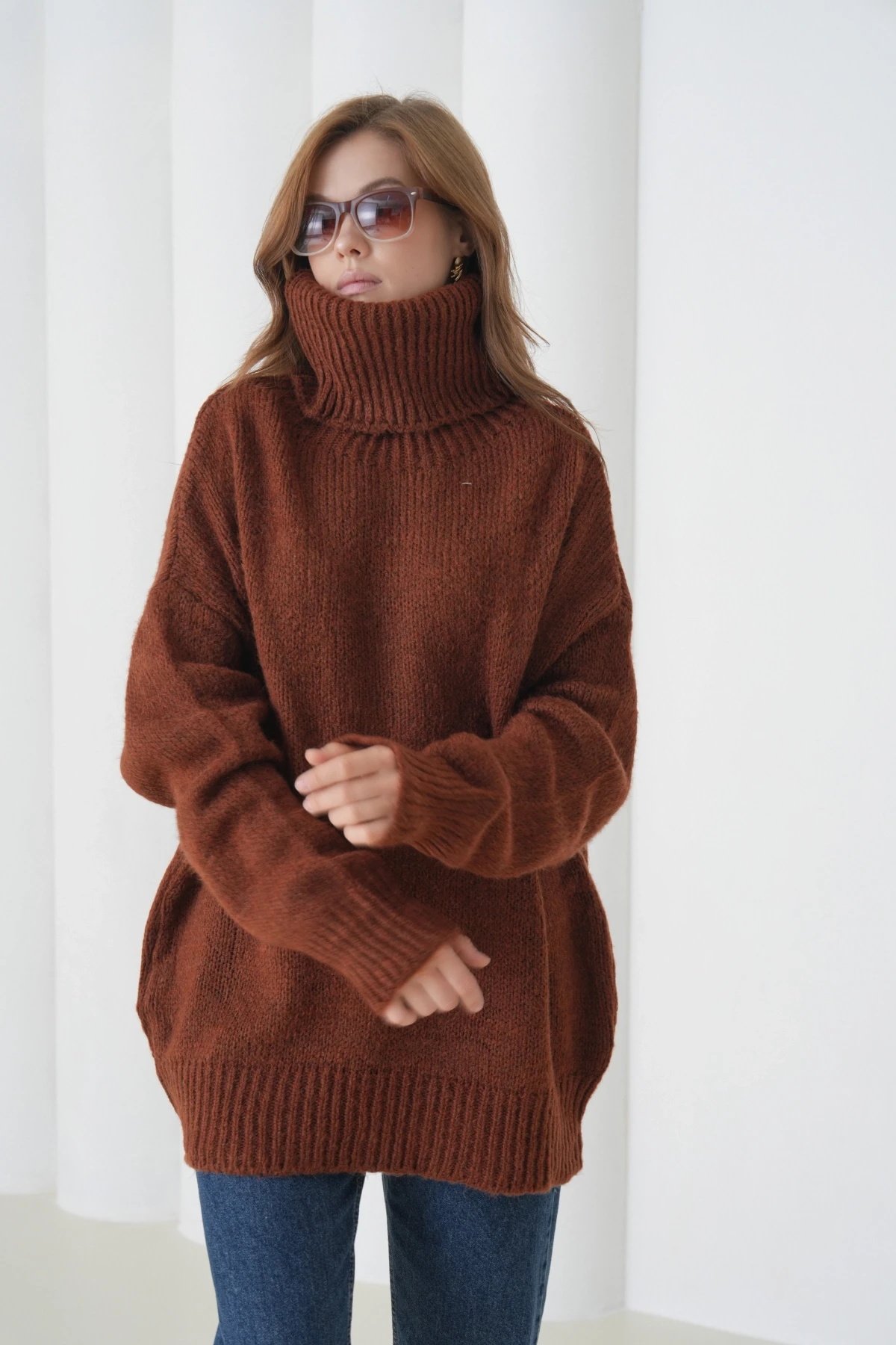 Kadın Balıkçı Yaka Kaşkorse Oversize Triko Tunik 223009
