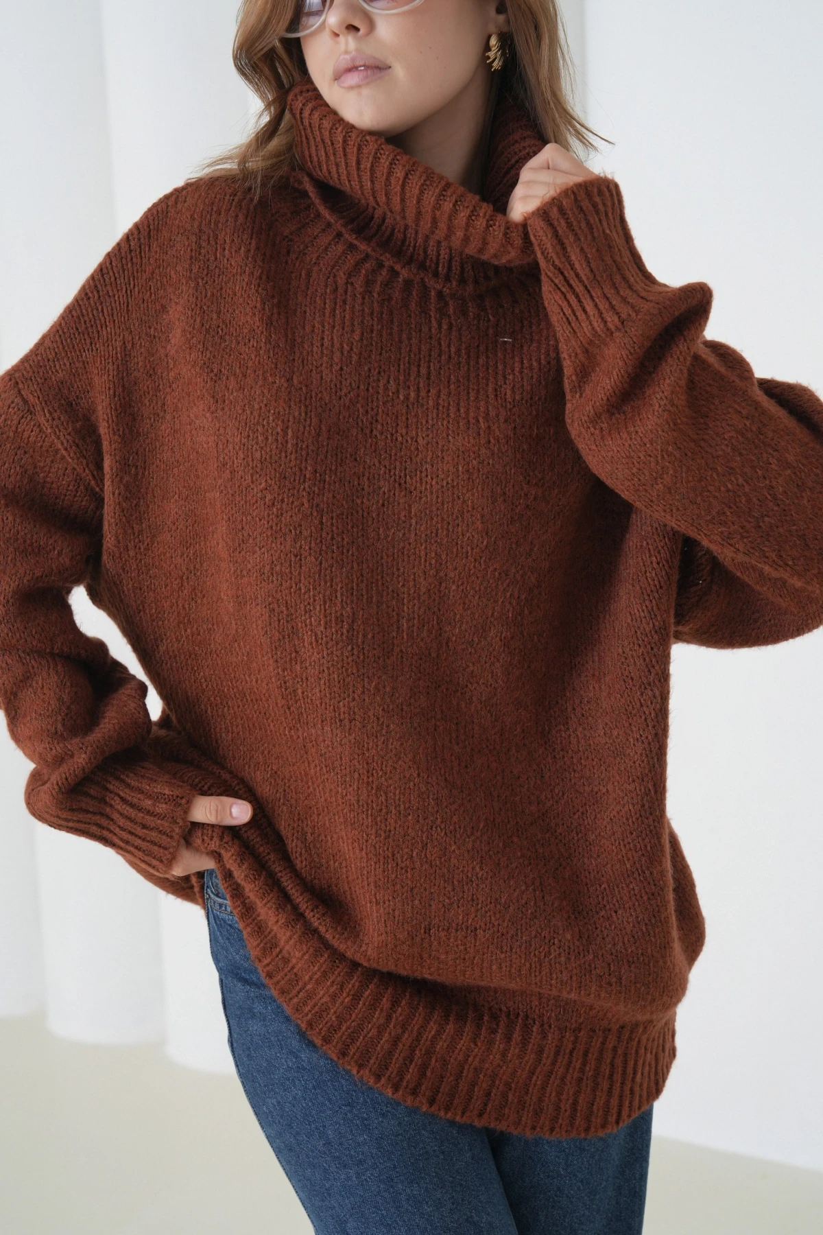 Kadın Balıkçı Yaka Kaşkorse Oversize Triko Tunik 223009