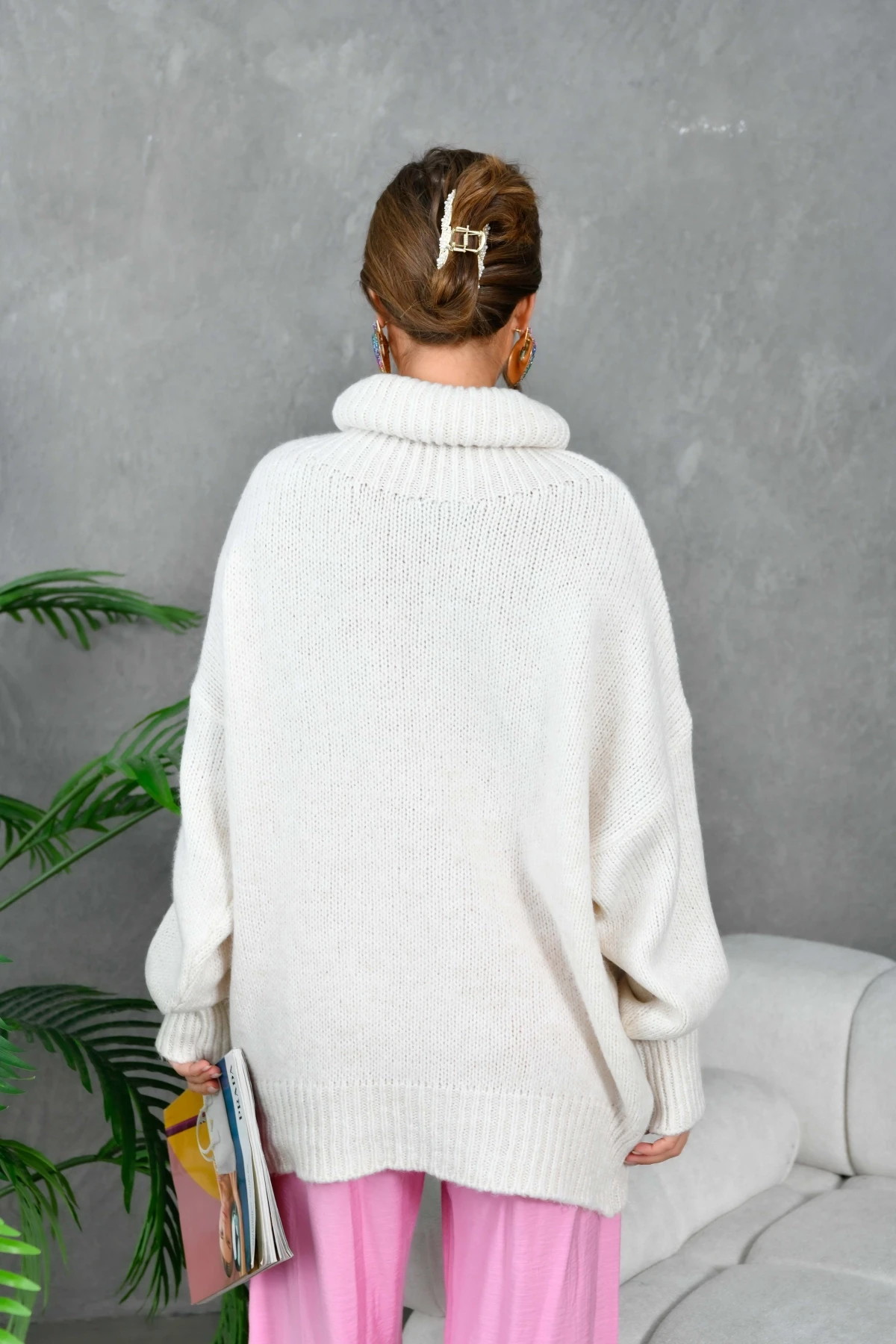 Kadın Balıkçı Yaka Kaşkorse Oversize Triko Tunik 223009