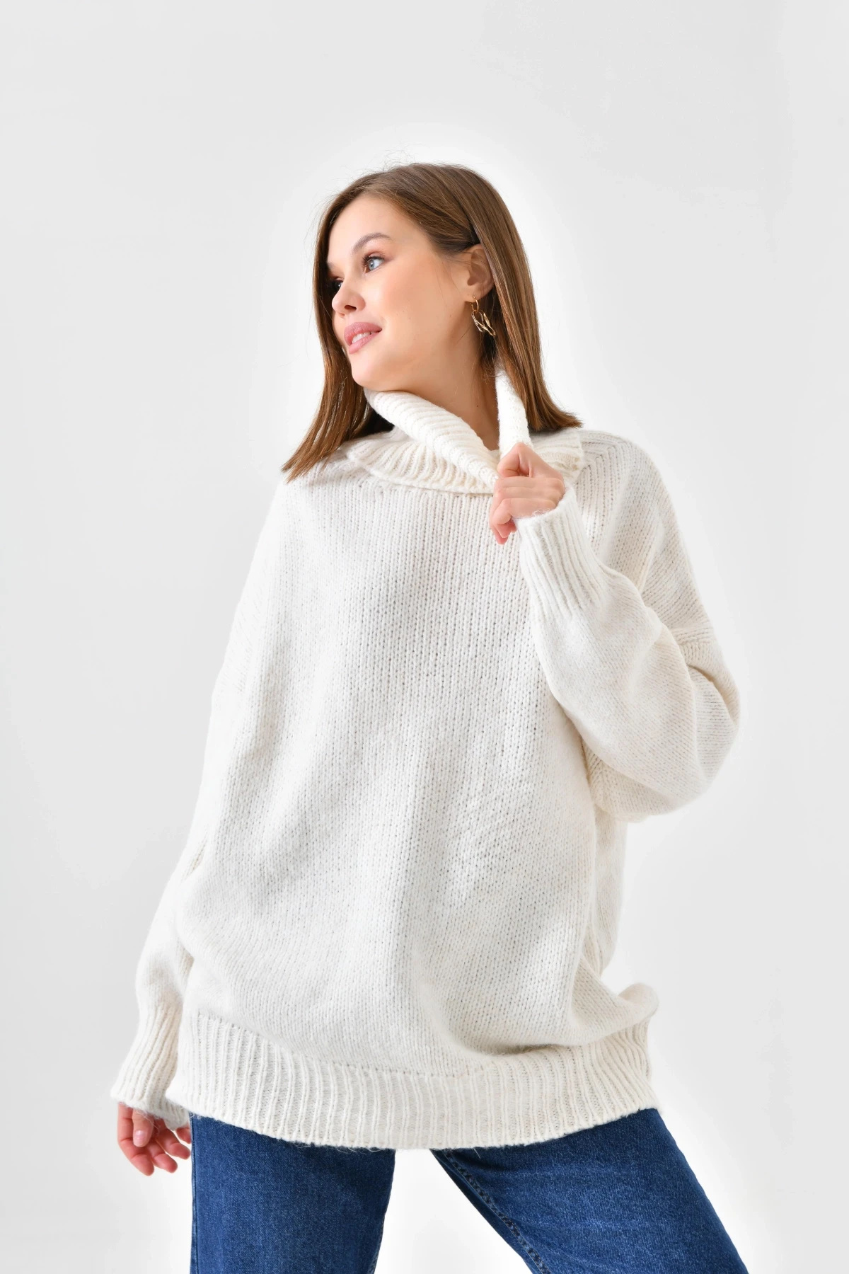 Kadın Balıkçı Yaka Kaşkorse Oversize Triko Tunik 223009