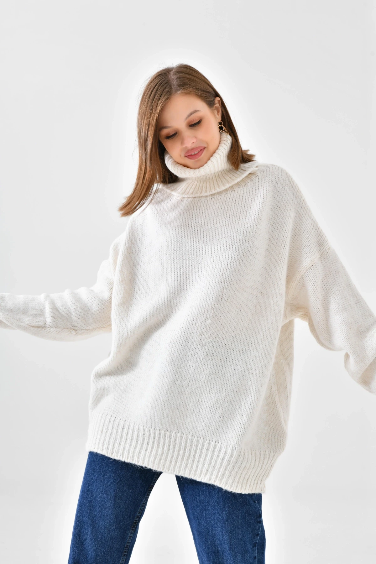 Kadın Balıkçı Yaka Kaşkorse Oversize Triko Tunik 223009