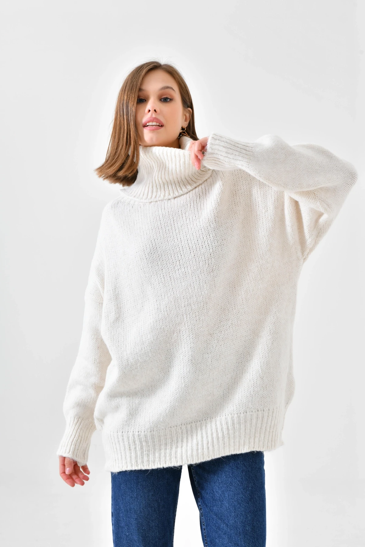 Kadın Balıkçı Yaka Kaşkorse Oversize Triko Tunik 223009