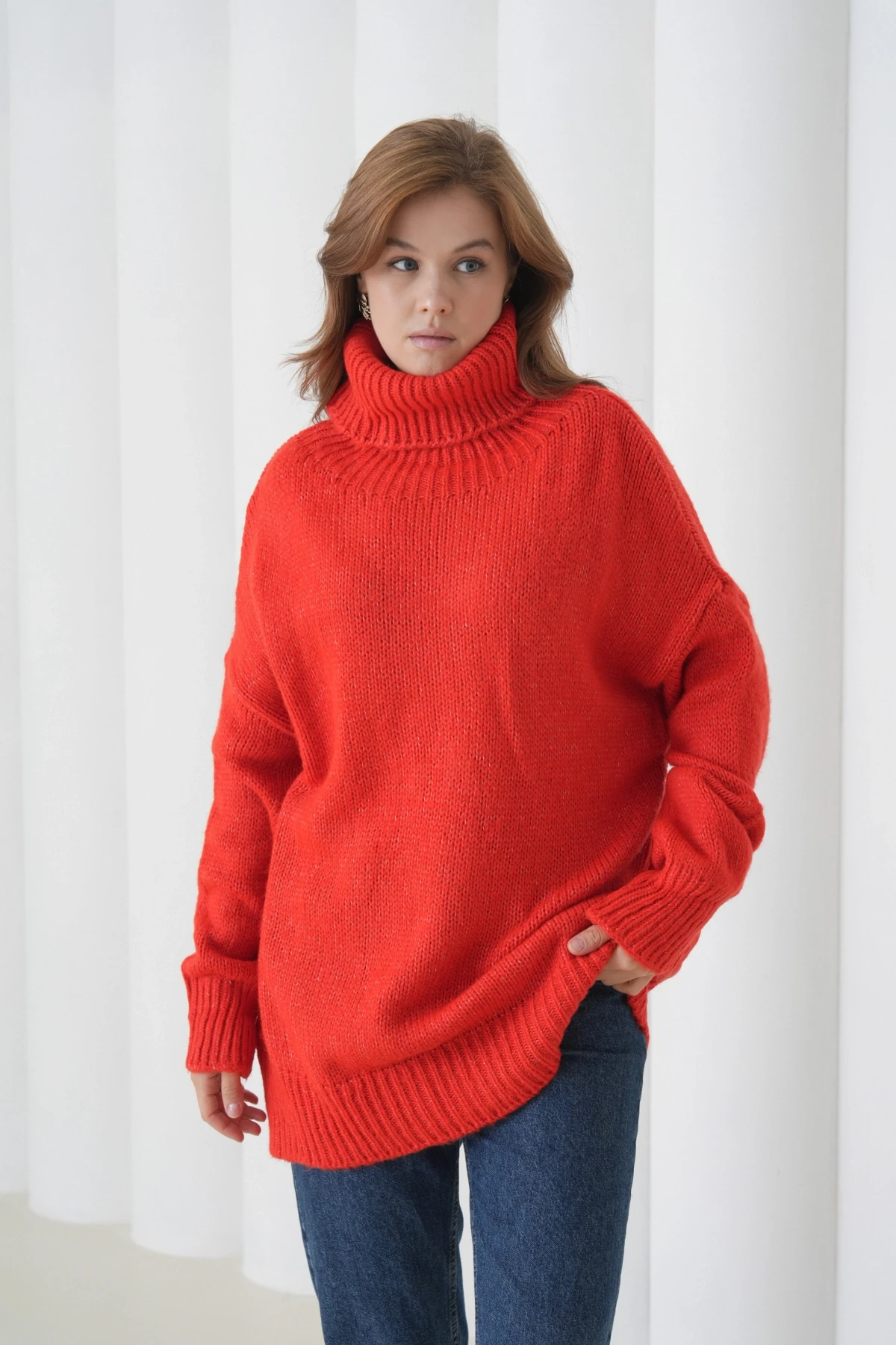 Kadın Balıkçı Yaka Kaşkorse Oversize Triko Tunik 223009