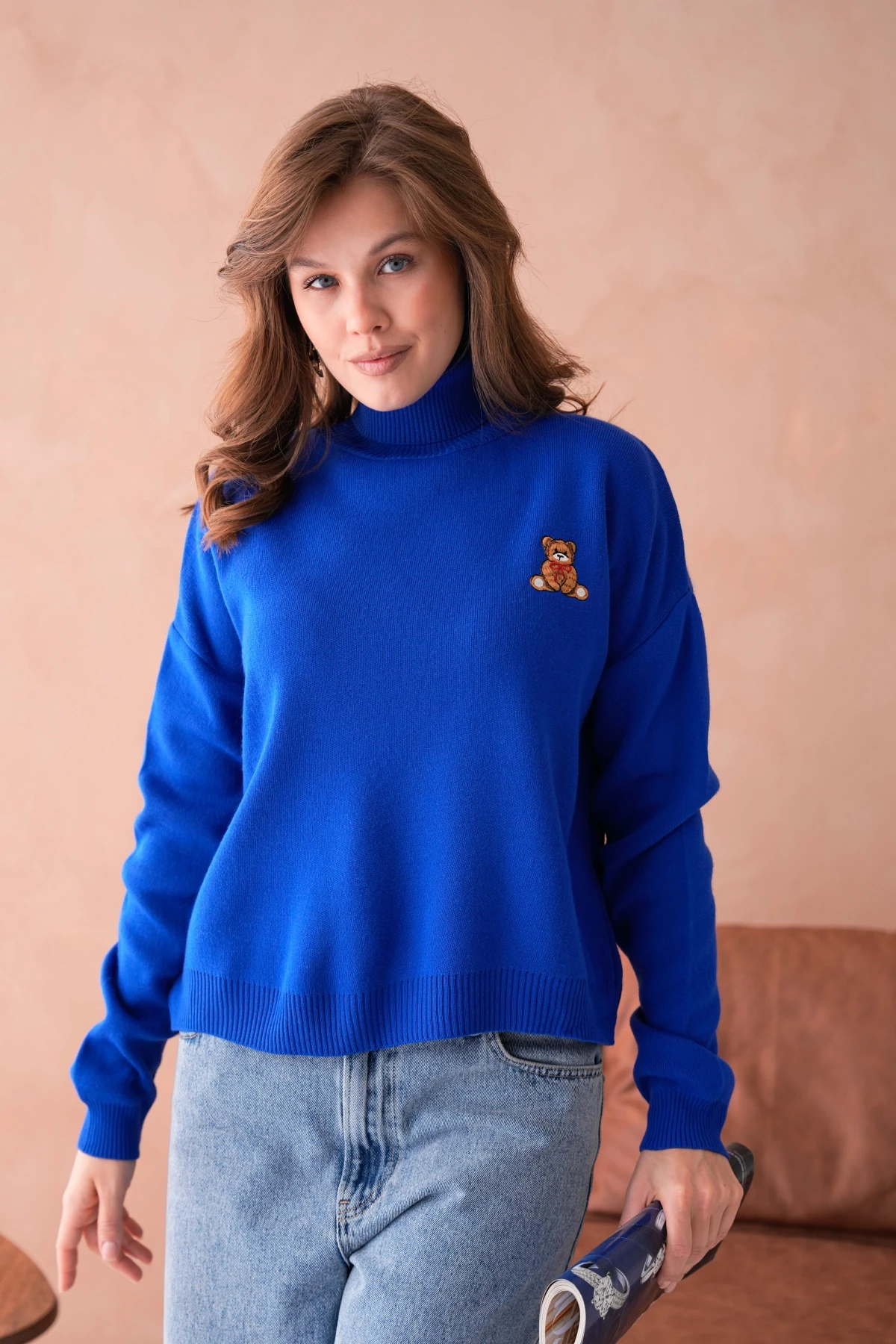 Kadın Balıkçı Yaka Nakış Detay Yumuşak Dokulu Basic Triko Kazak 214430