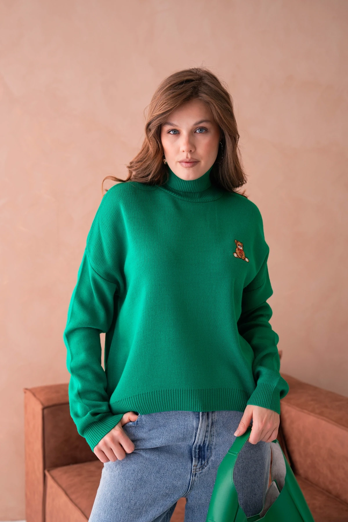 Kadın Balıkçı Yaka Nakış Detay Yumuşak Dokulu Basic Triko Kazak 214430