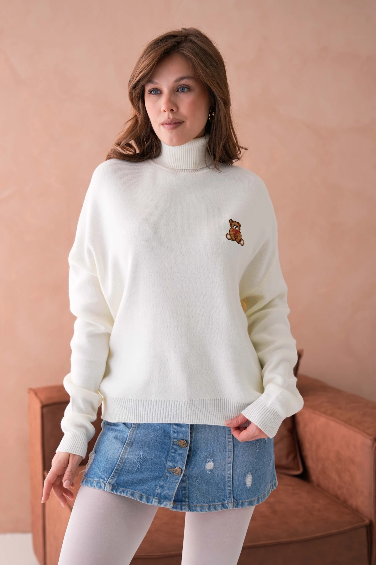 Kadın Balıkçı Yaka Nakış Detay Yumuşak Dokulu Basic Triko Kazak 214430