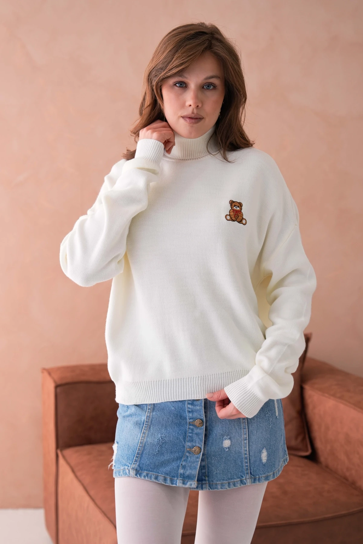 Kadın Balıkçı Yaka Nakış Detay Yumuşak Dokulu Basic Triko Kazak 214430