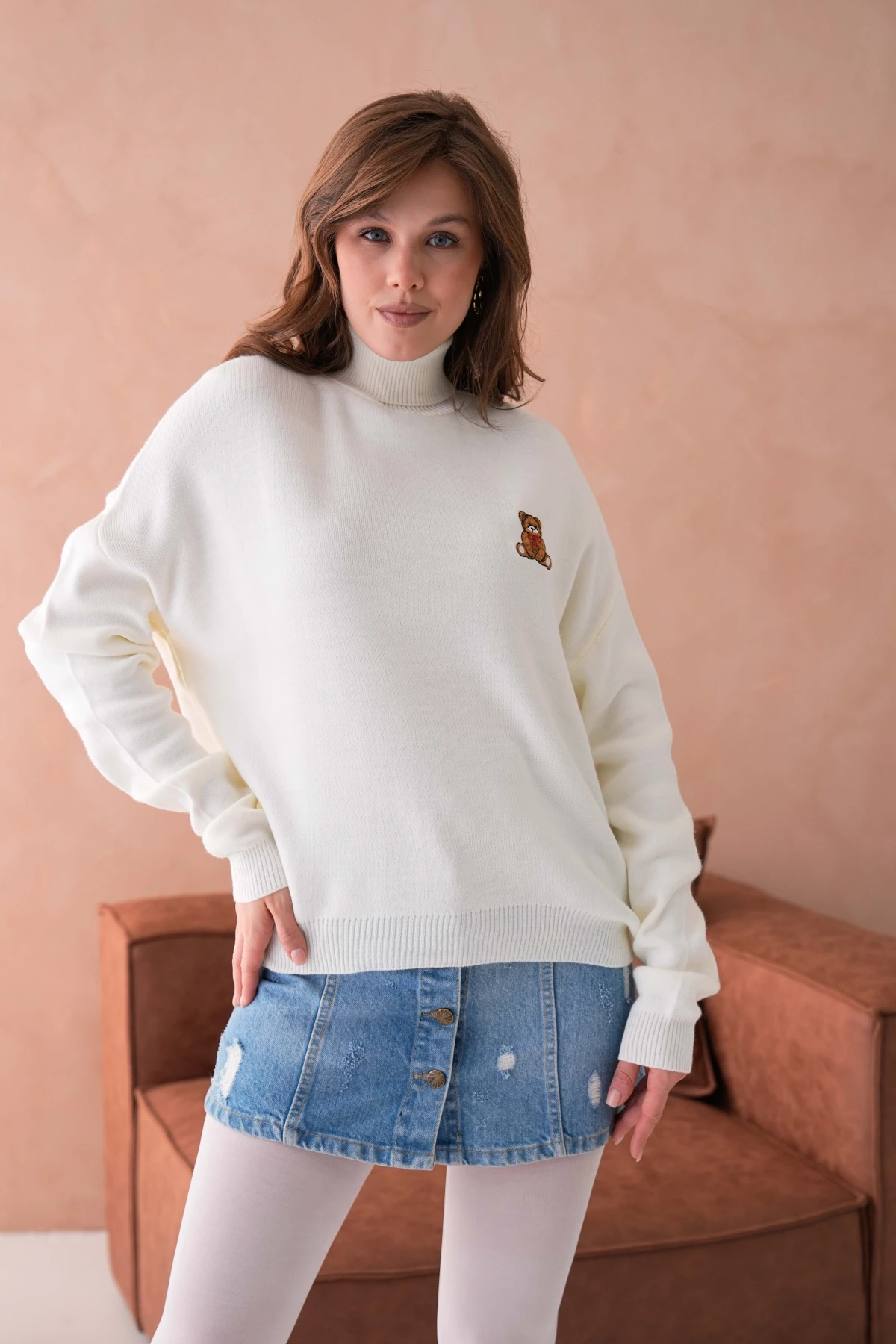 Kadın Balıkçı Yaka Nakış Detay Yumuşak Dokulu Basic Triko Kazak 214430