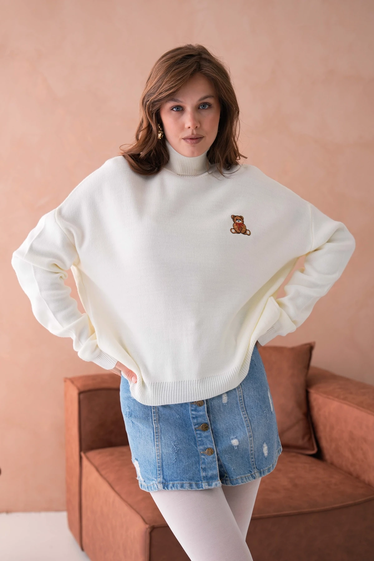 Kadın Balıkçı Yaka Nakış Detay Yumuşak Dokulu Basic Triko Kazak 214430