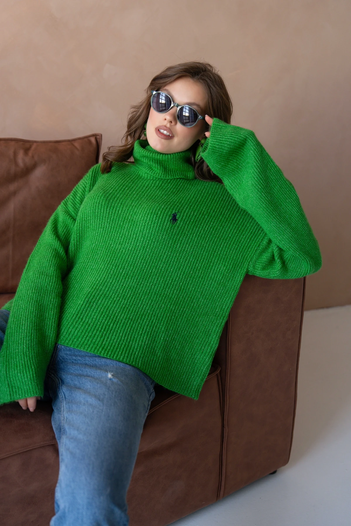 Kadın Balıkçı Yaka Selanik Örgü Oversize Triko Kazak 8080Sw