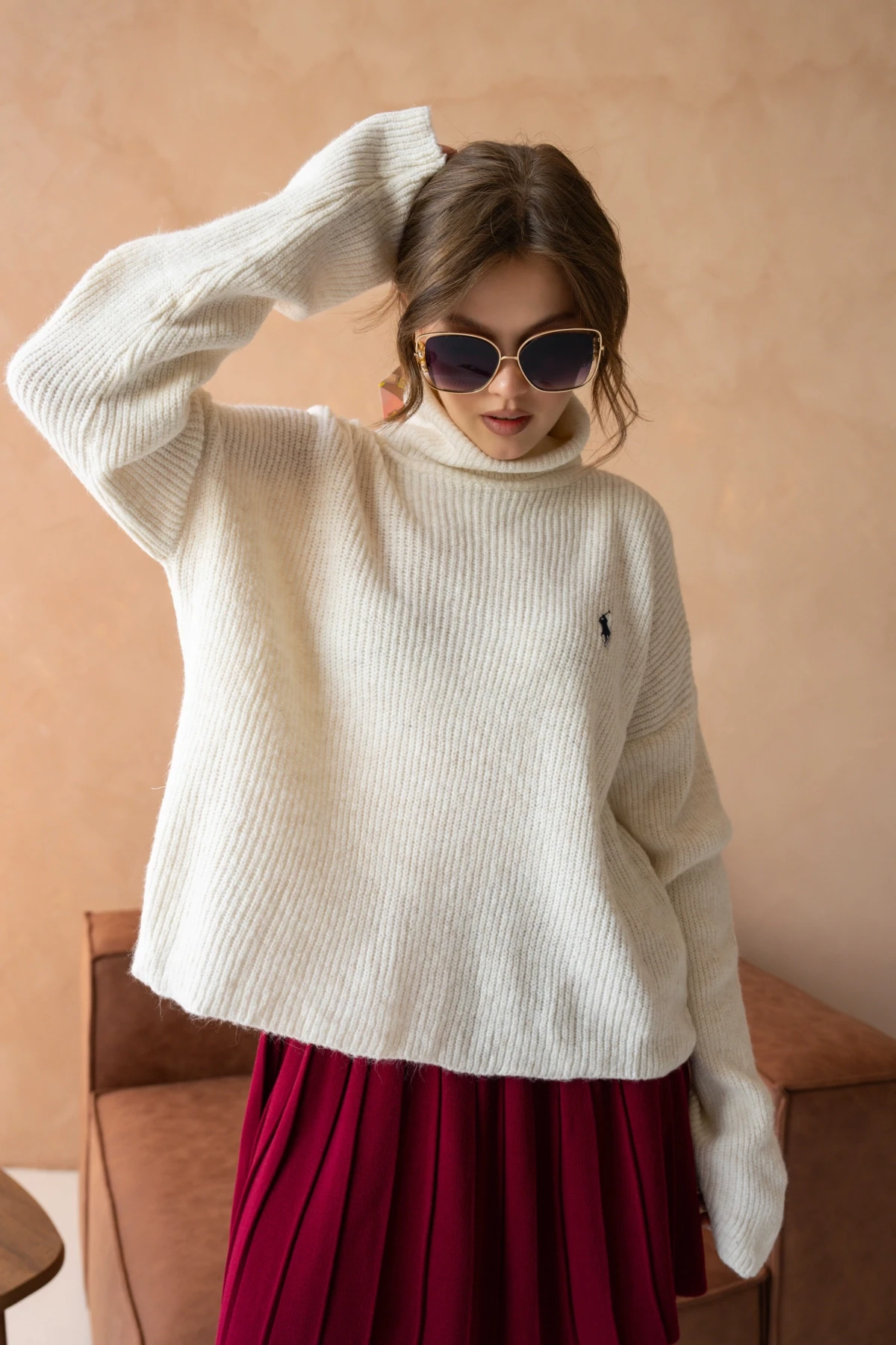 Kadın Balıkçı Yaka Selanik Örgü Oversize Triko Kazak 8080Sw