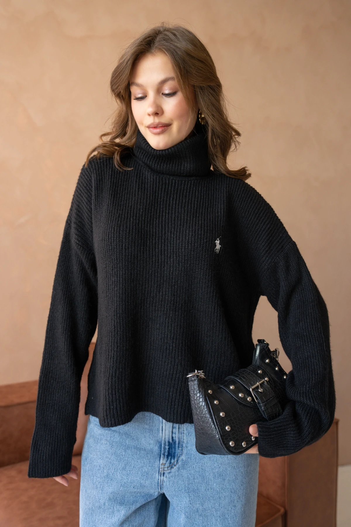 Kadın Balıkçı Yaka Selanik Örgü Oversize Triko Kazak 8080Sw