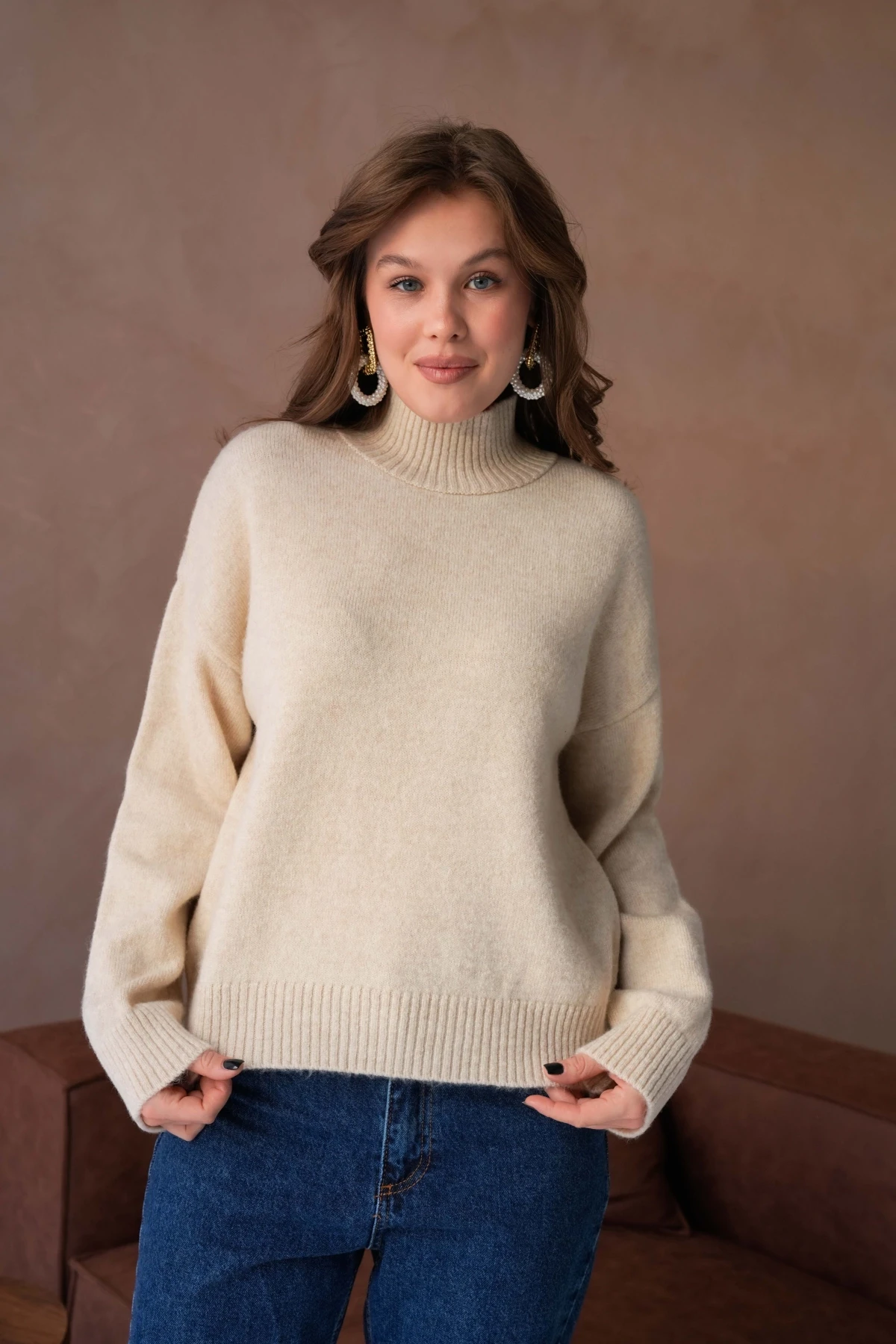 Kadın Balıkçı Yaka Yumuşak Dokulu Salaş Triko Kazak 8488Sw