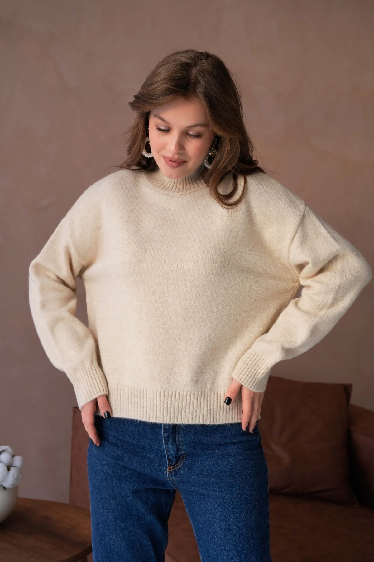 Kadın Balıkçı Yaka Yumuşak Dokulu Salaş Triko Kazak 8488Sw