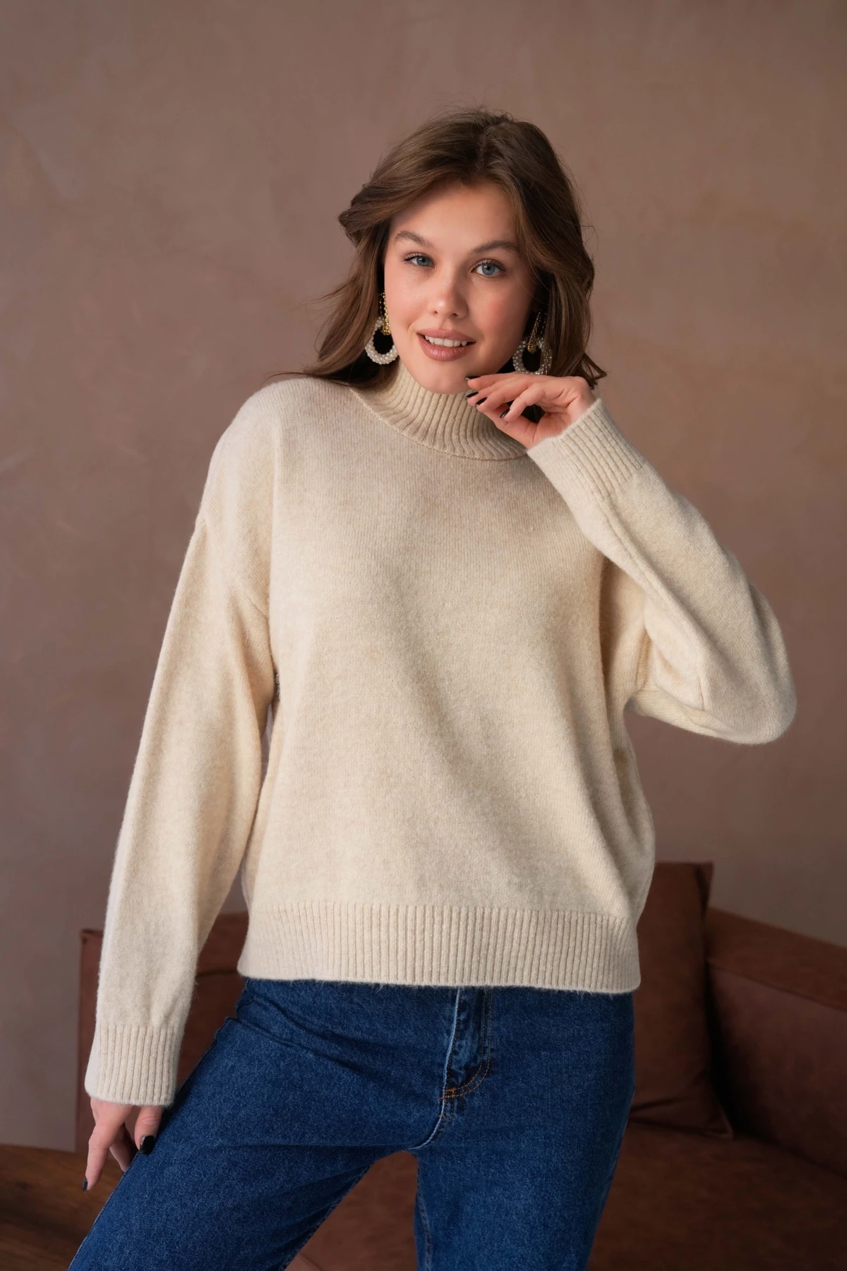 Kadın Balıkçı Yaka Yumuşak Dokulu Salaş Triko Kazak 8488Sw