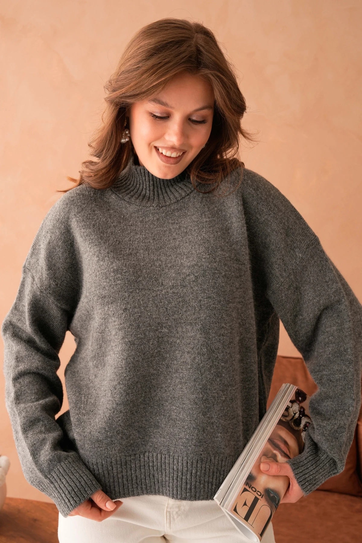 Kadın Balıkçı Yaka Yumuşak Dokulu Salaş Triko Kazak 8488Sw