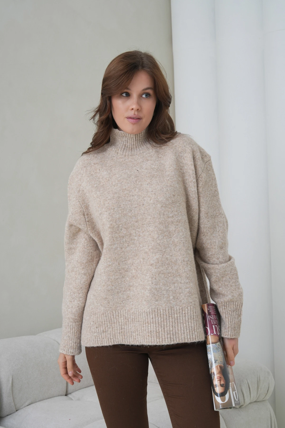 Kadın Balıkçı Yaka Yumuşak Dokulu Salaş Triko Kazak 8698Sw