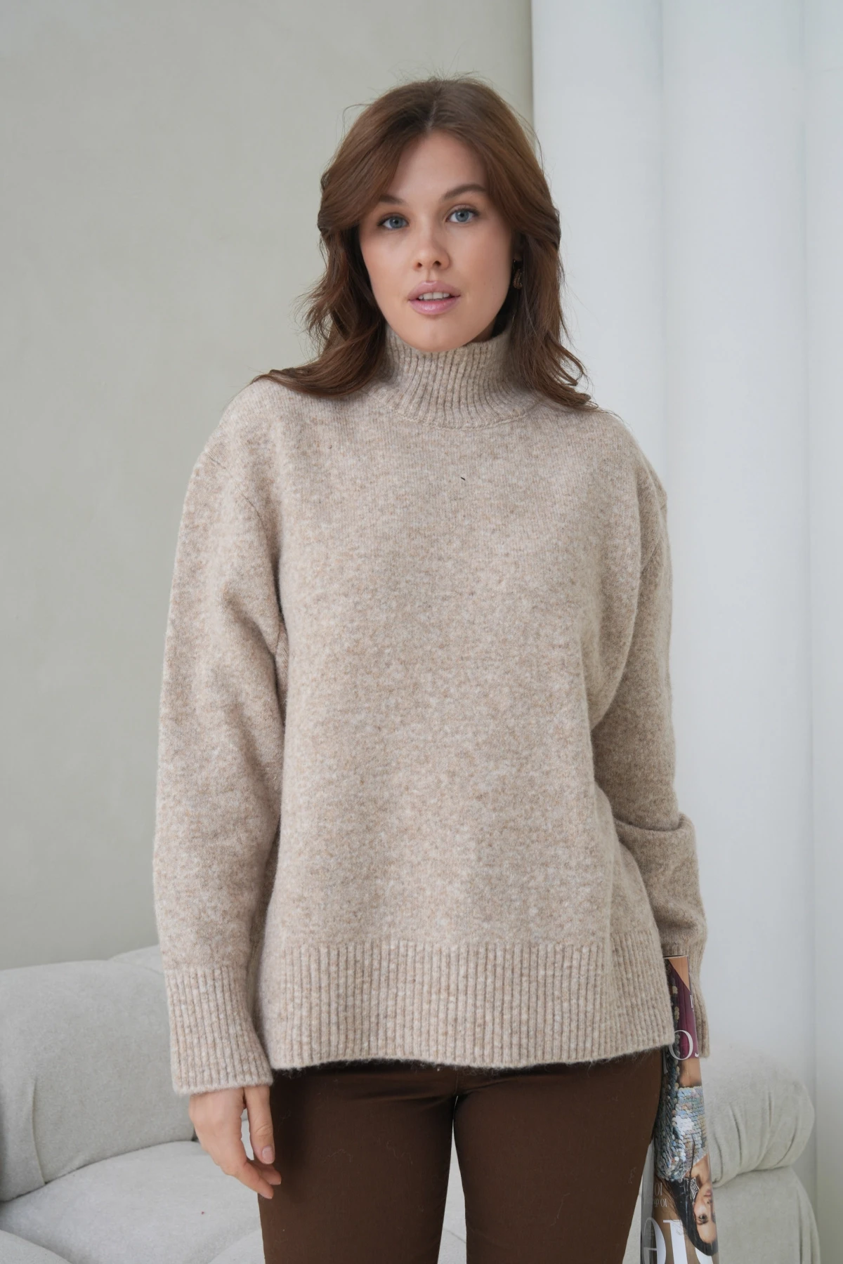 Kadın Balıkçı Yaka Yumuşak Dokulu Salaş Triko Kazak 8698Sw