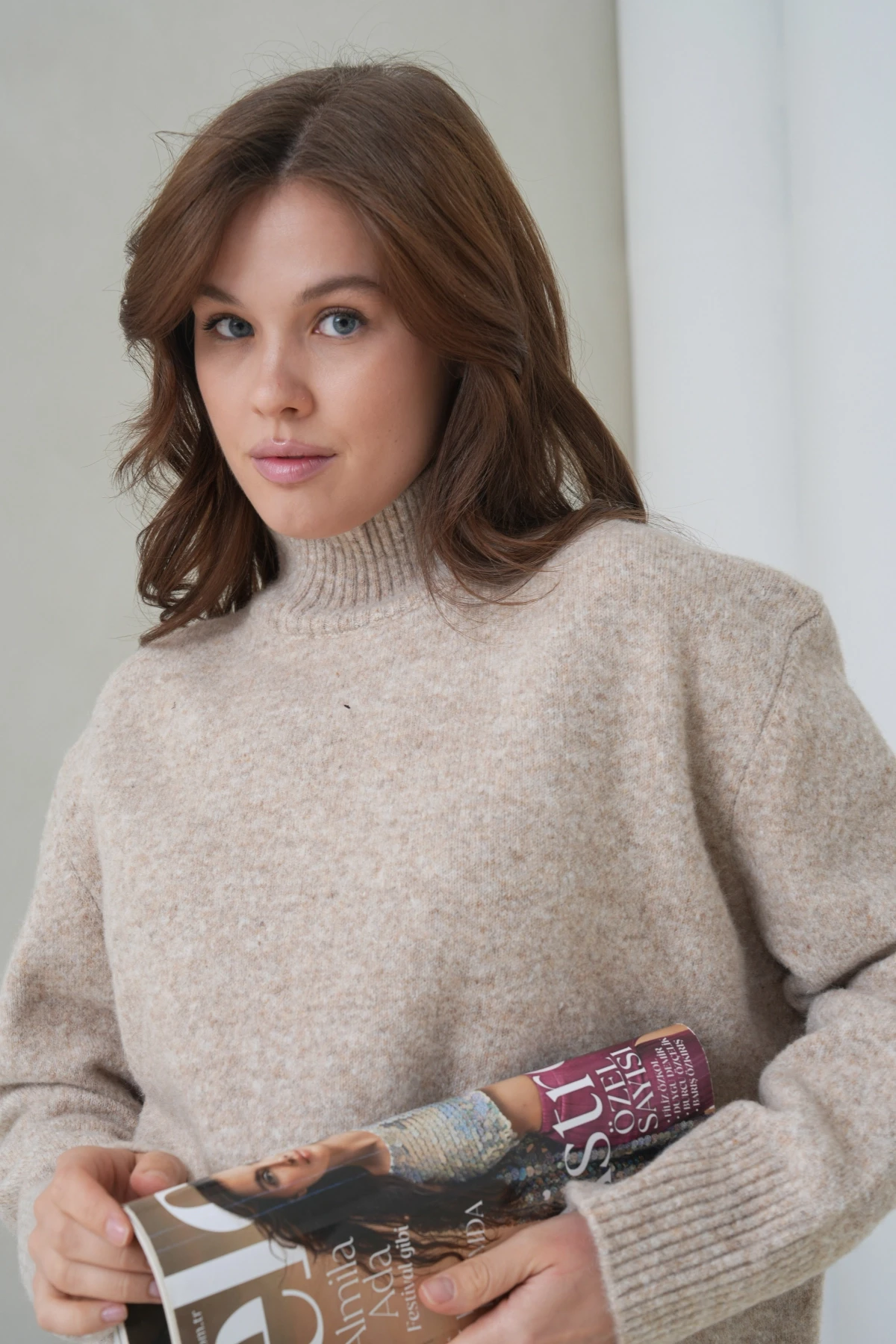 Kadın Balıkçı Yaka Yumuşak Dokulu Salaş Triko Kazak 8698Sw