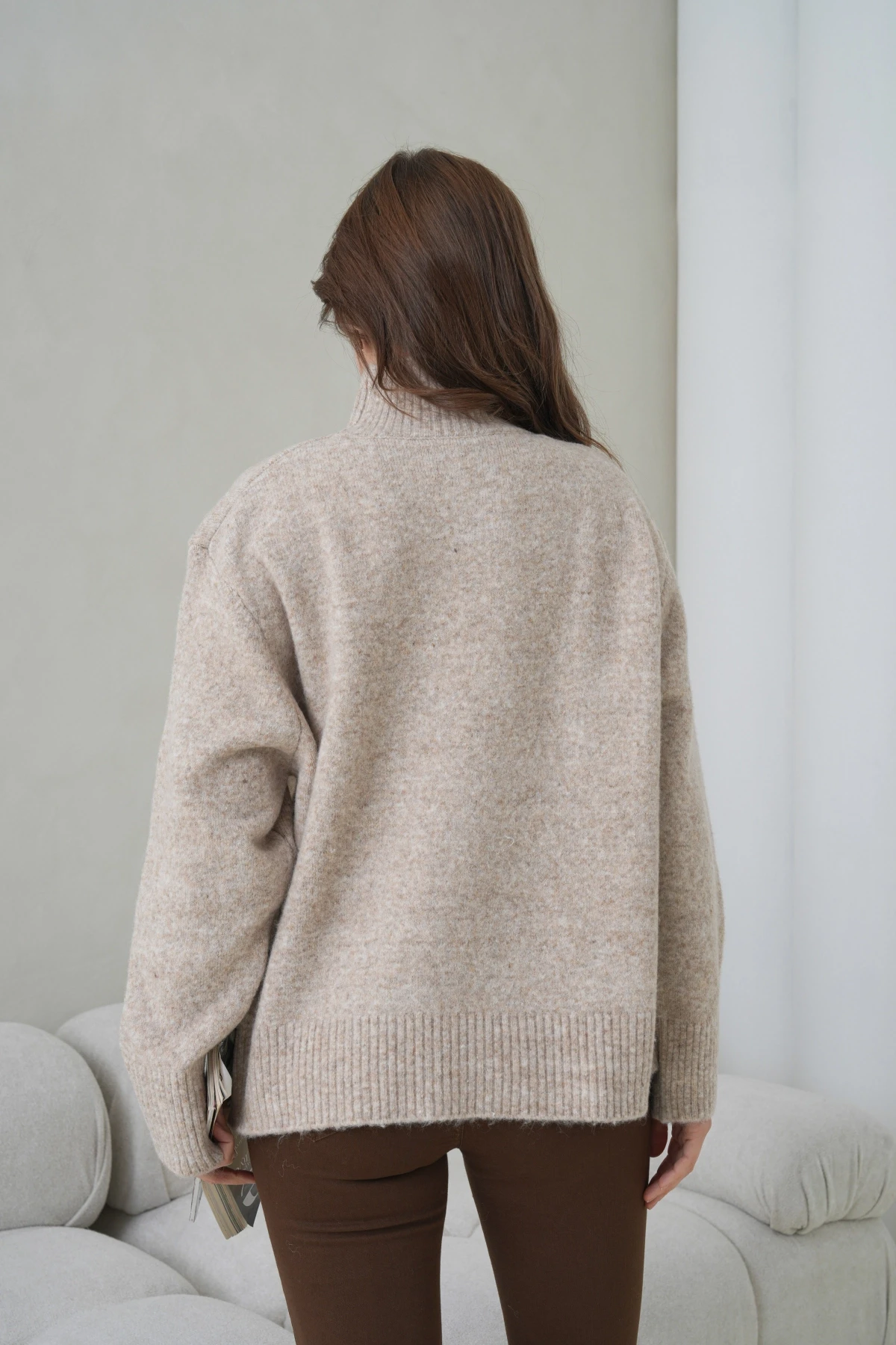 Kadın Balıkçı Yaka Yumuşak Dokulu Salaş Triko Kazak 8698Sw