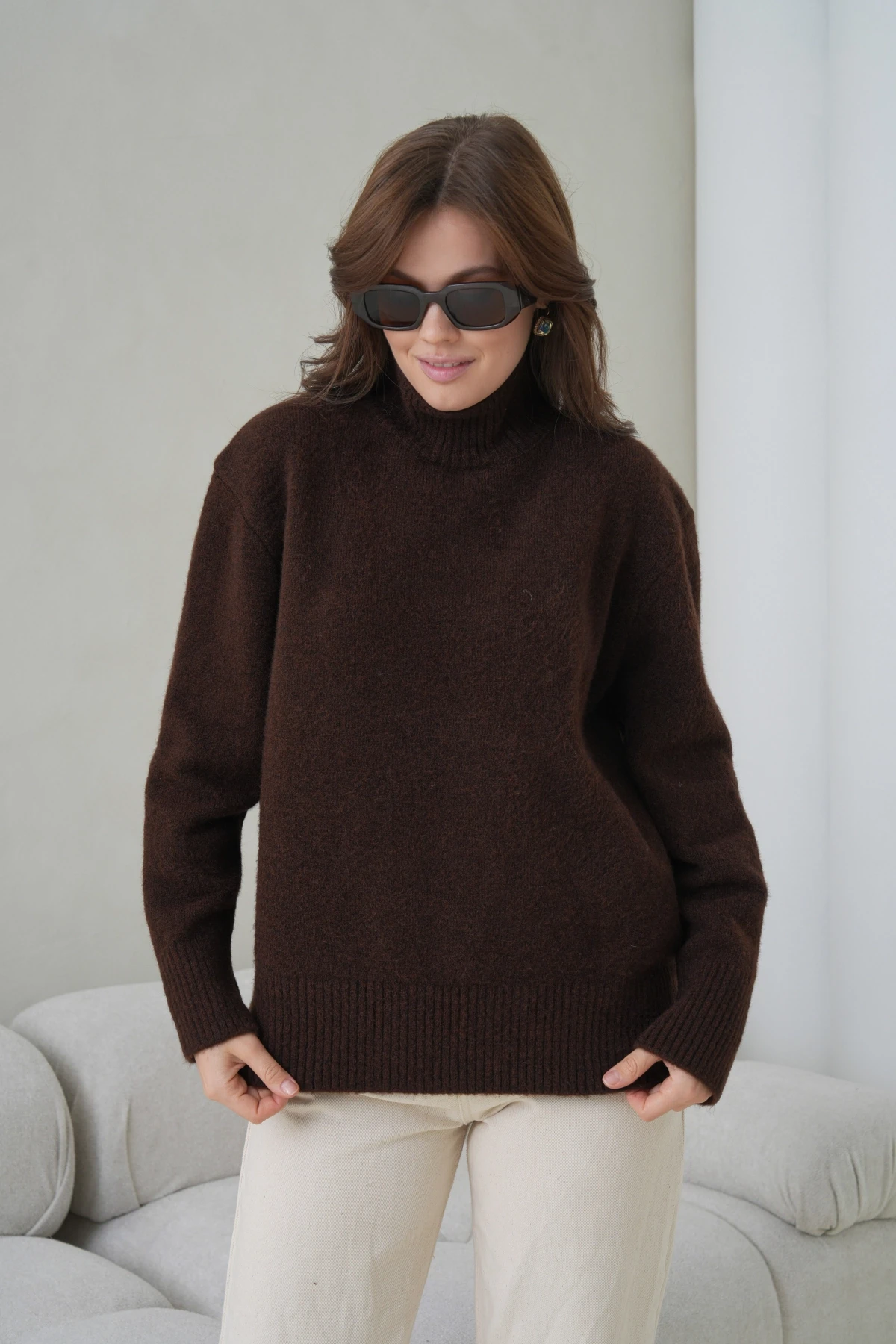 Kadın Balıkçı Yaka Yumuşak Dokulu Salaş Triko Kazak 8698Sw