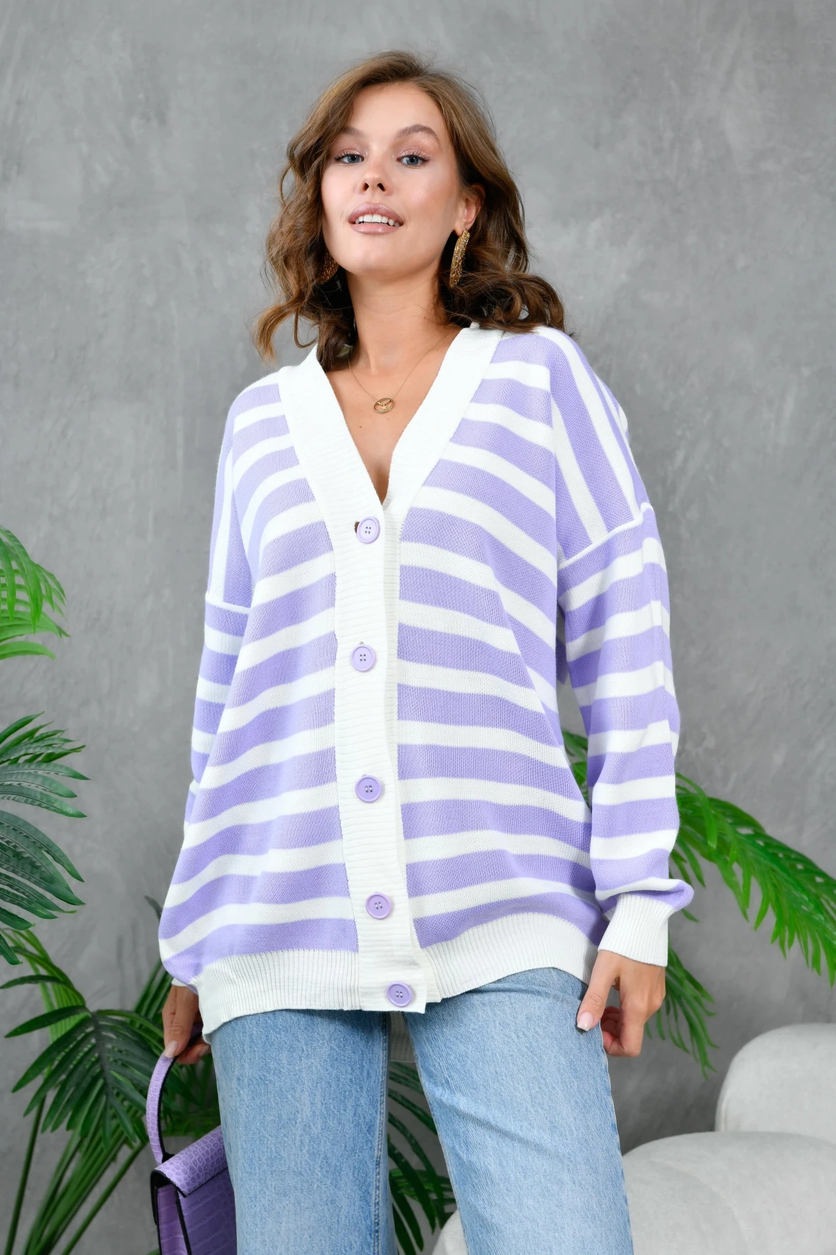 Kadın Bilek Etek Ve Banları Fitilli Çizgi desenli Triko Hırka 214201