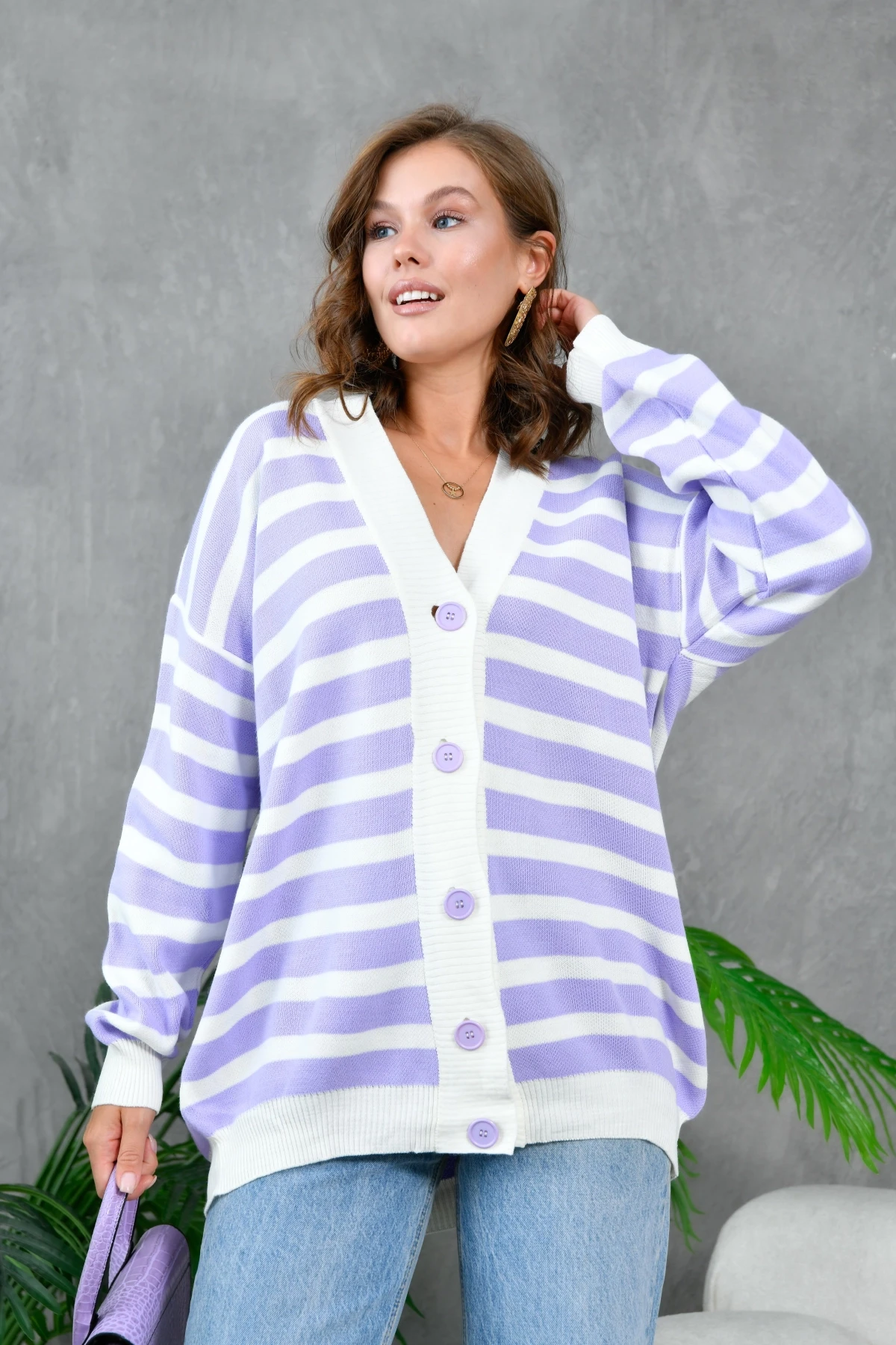 Kadın Bilek Etek Ve Banları Fitilli Çizgi desenli Triko Hırka 214201