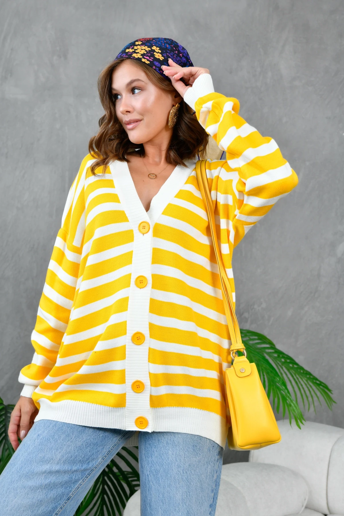 Kadın Bilek Etek Ve Banları Fitilli Çizgi desenli Triko Hırka 214201