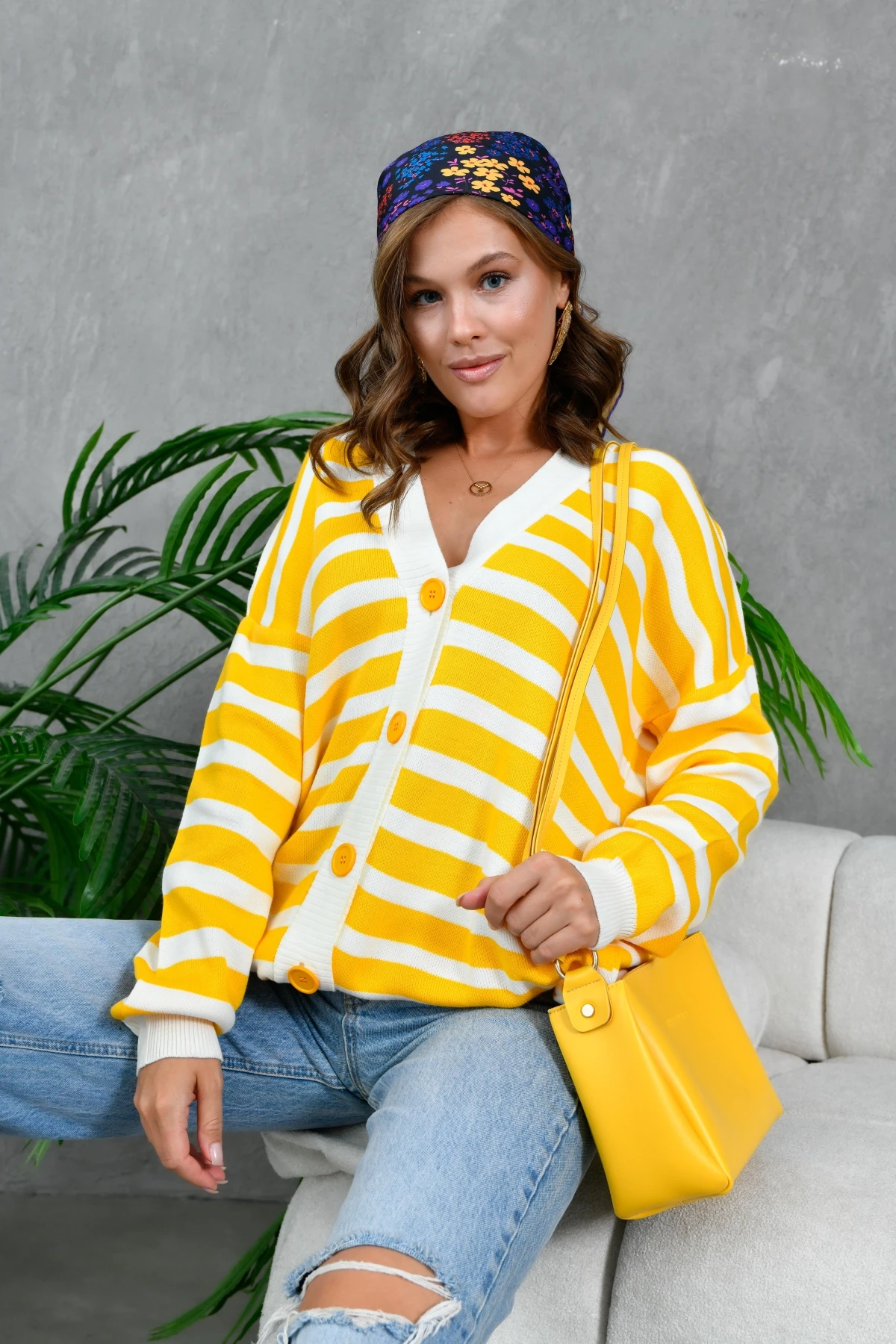 Kadın Bilek Etek Ve Banları Fitilli Çizgi desenli Triko Hırka 214201