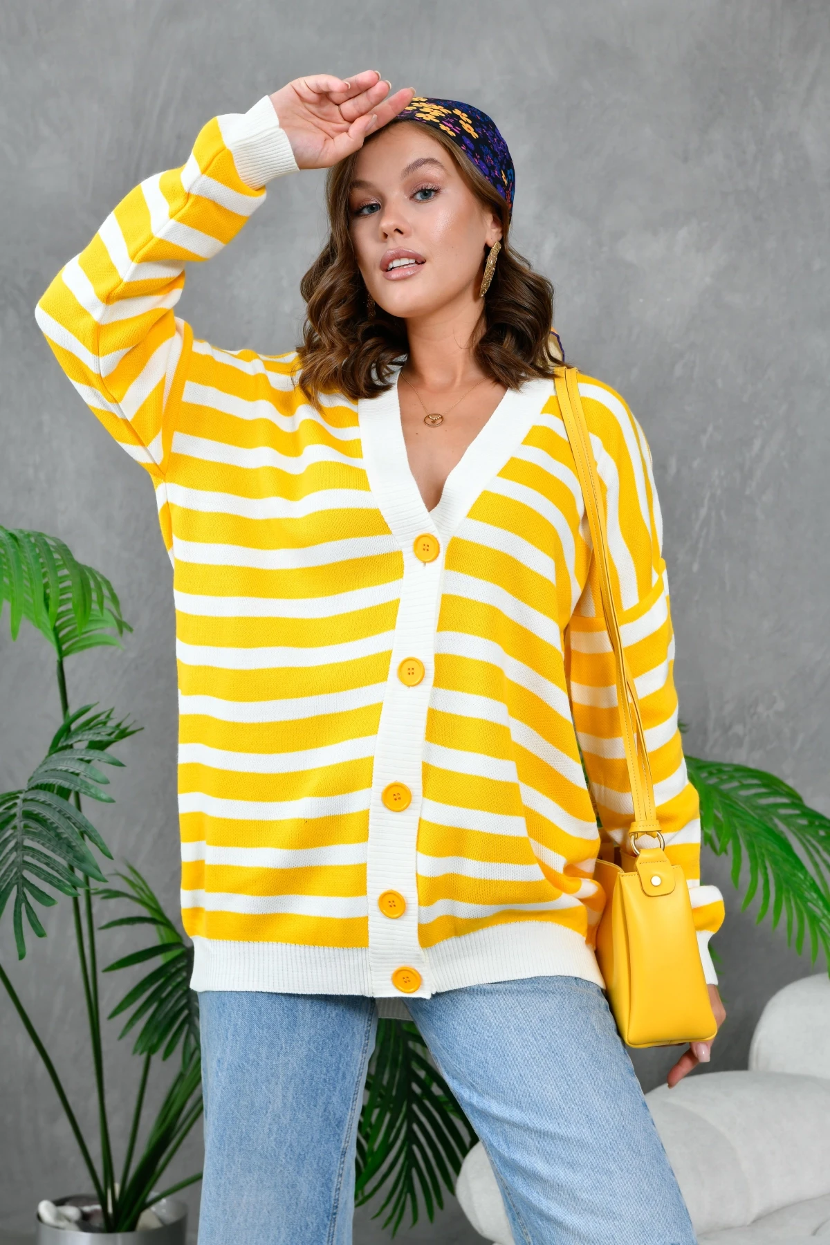 Kadın Bilek Etek Ve Banları Fitilli Çizgi desenli Triko Hırka 214201