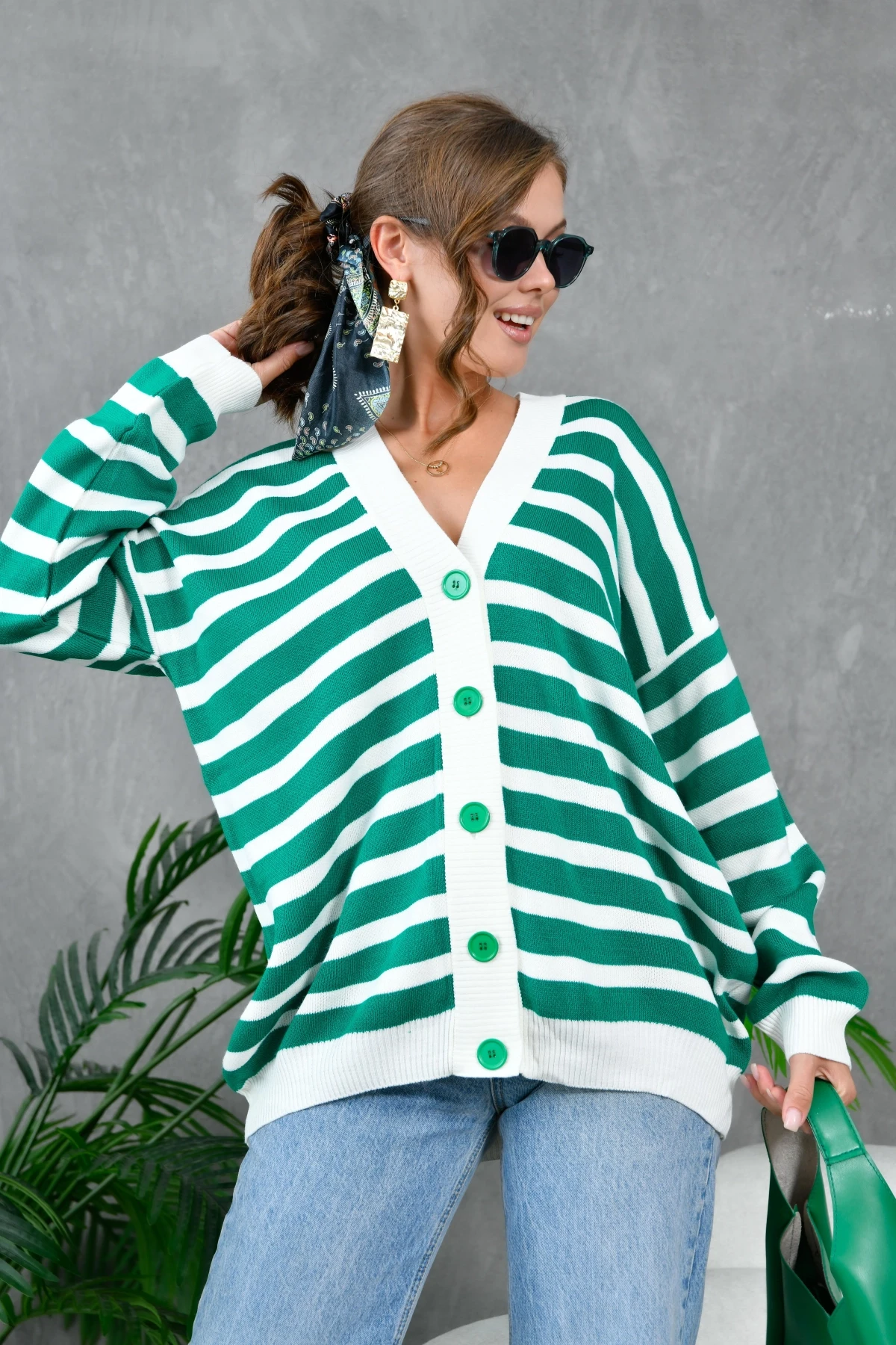 Kadın Bilek Etek Ve Banları Fitilli Çizgi desenli Triko Hırka 214201