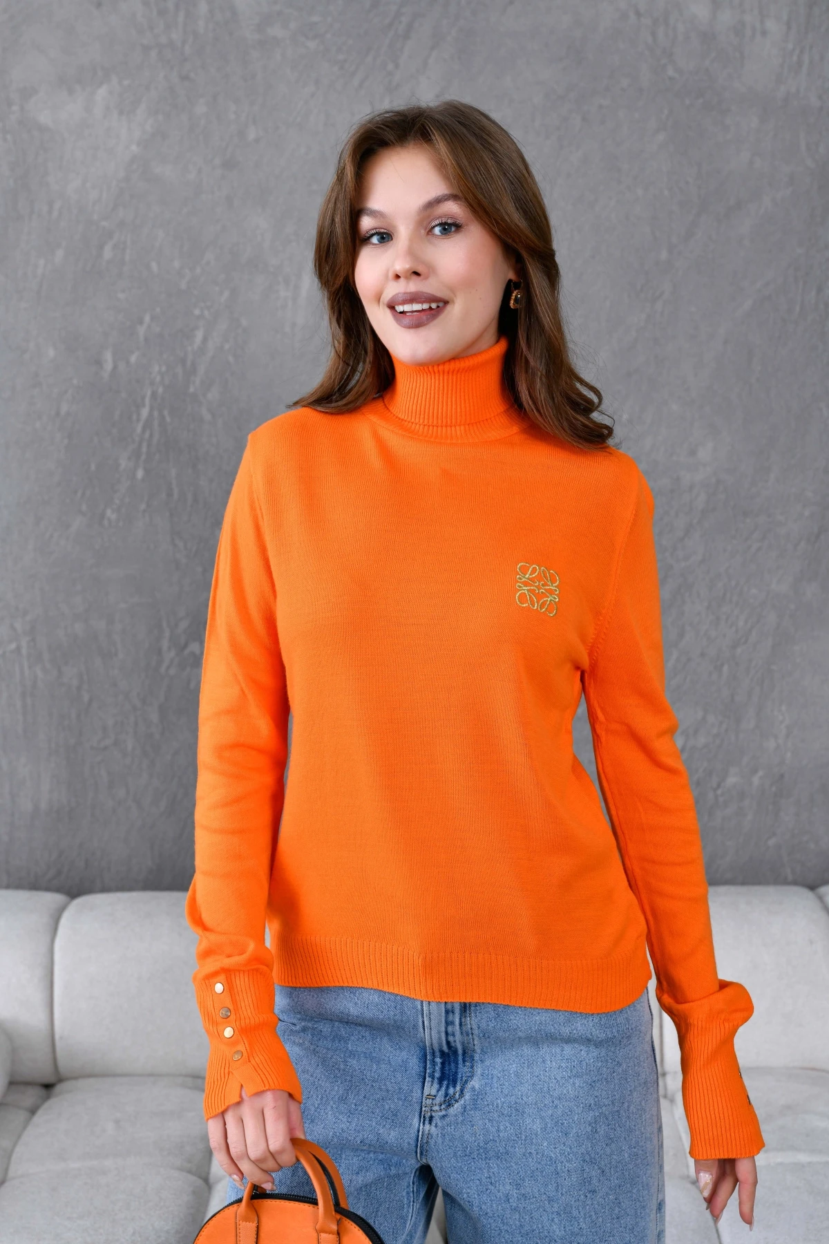 Kadın Bilek Ve Yakası Fitilli Kolları Süs Düğmeli Balıkçı Yaka Triko Kazak 224296