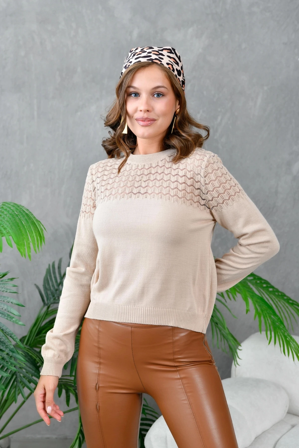 Kadın Bisiklet Yaka Ajurlu Triko Kazak