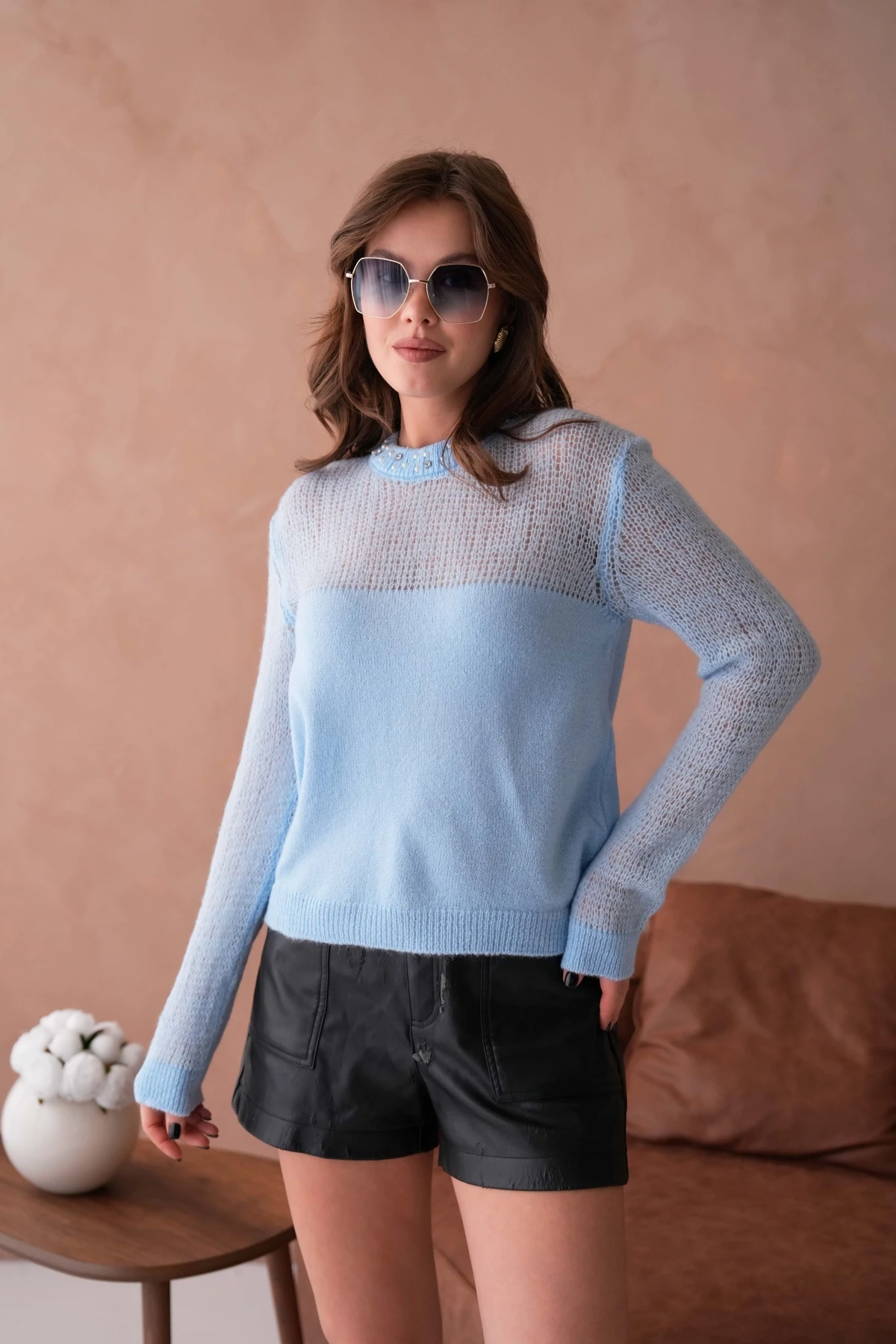 Kadın Bisiklet Yaka Ajurlu Yumuşak Dokulu Triko Kazak 8420Sw