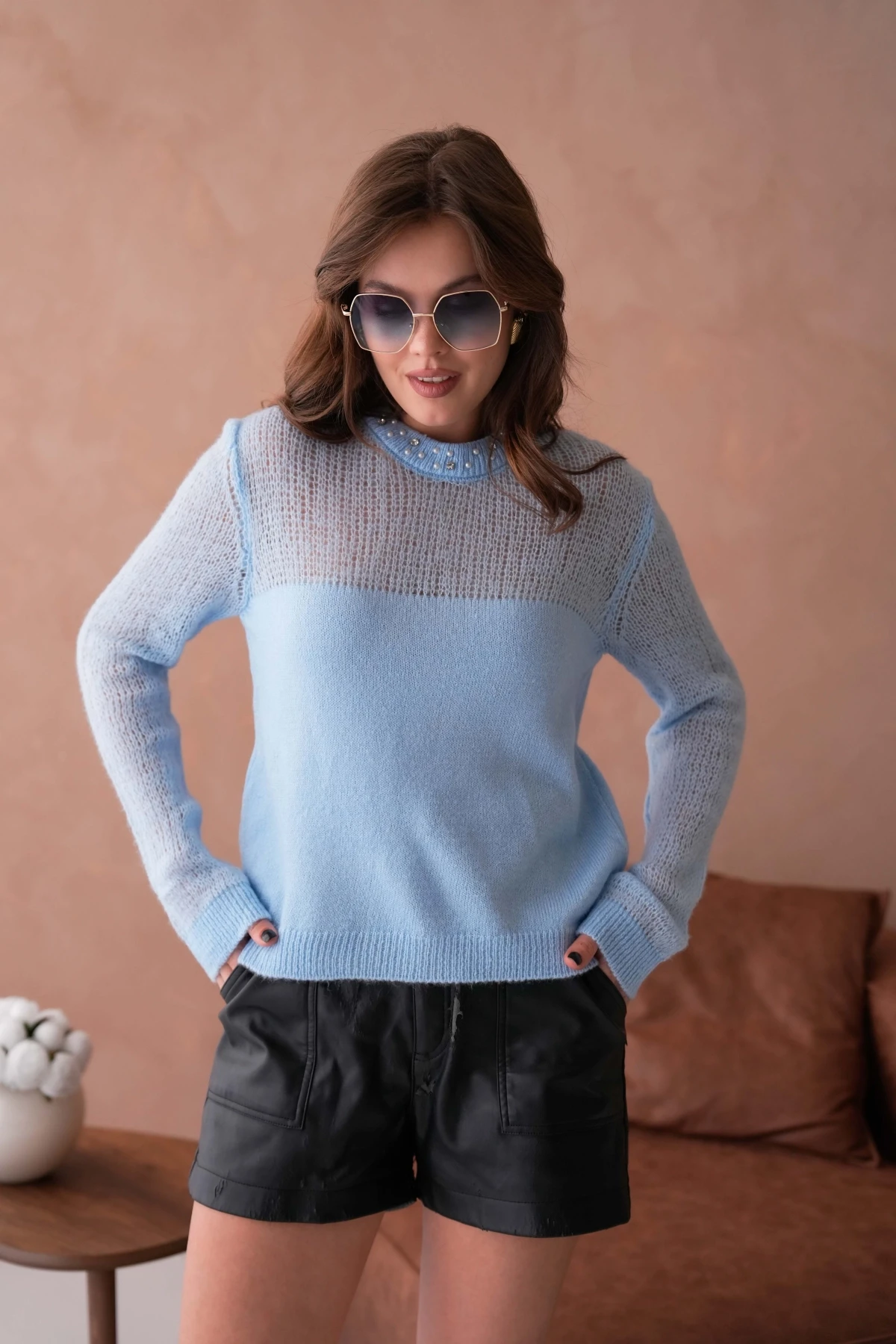 Kadın Bisiklet Yaka Ajurlu Yumuşak Dokulu Triko Kazak 8420Sw