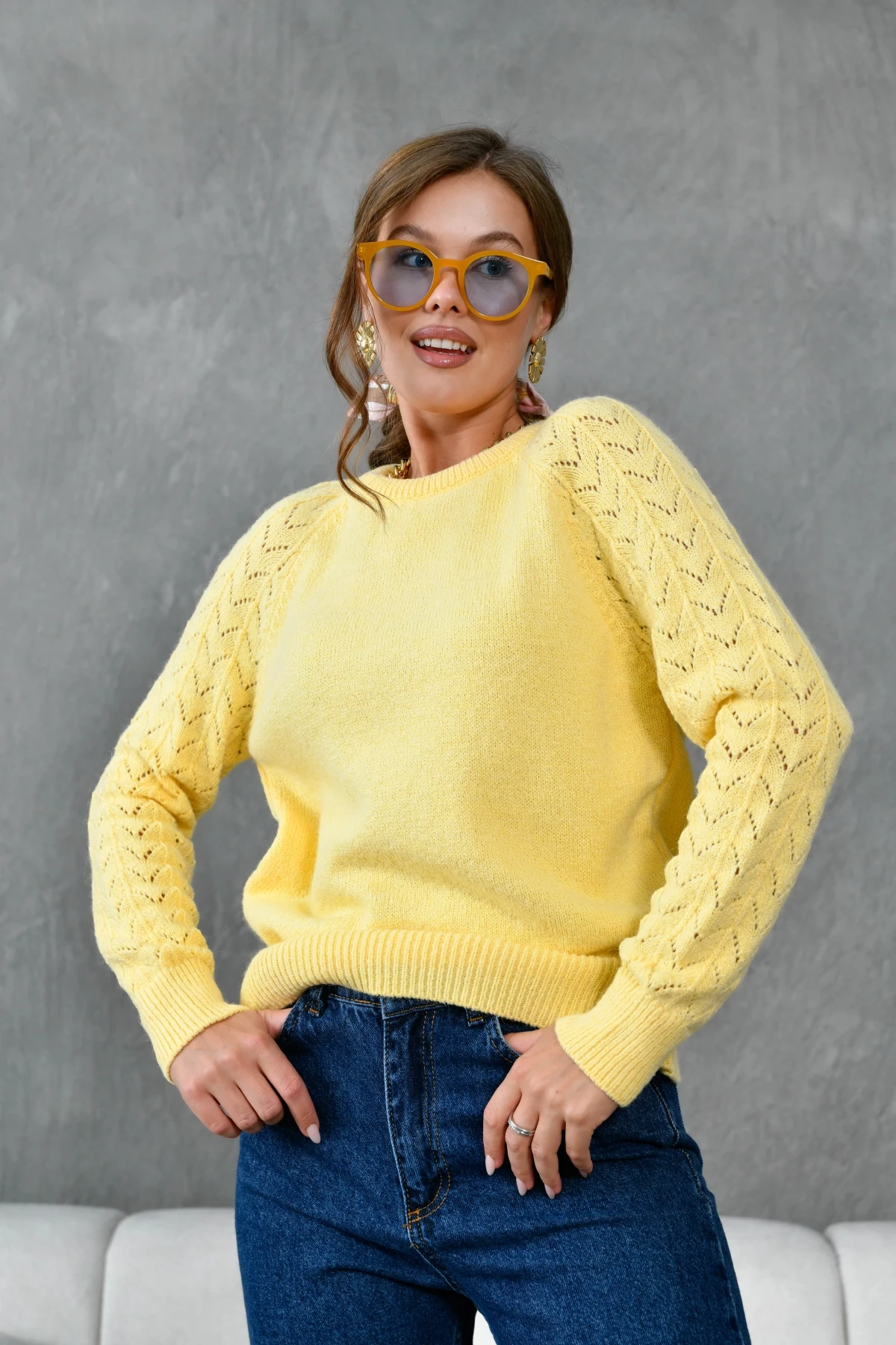 Kadın Bisiklet Yaka Ajurlu Yumuşak Dokulu Triko Kazak 8430Sw