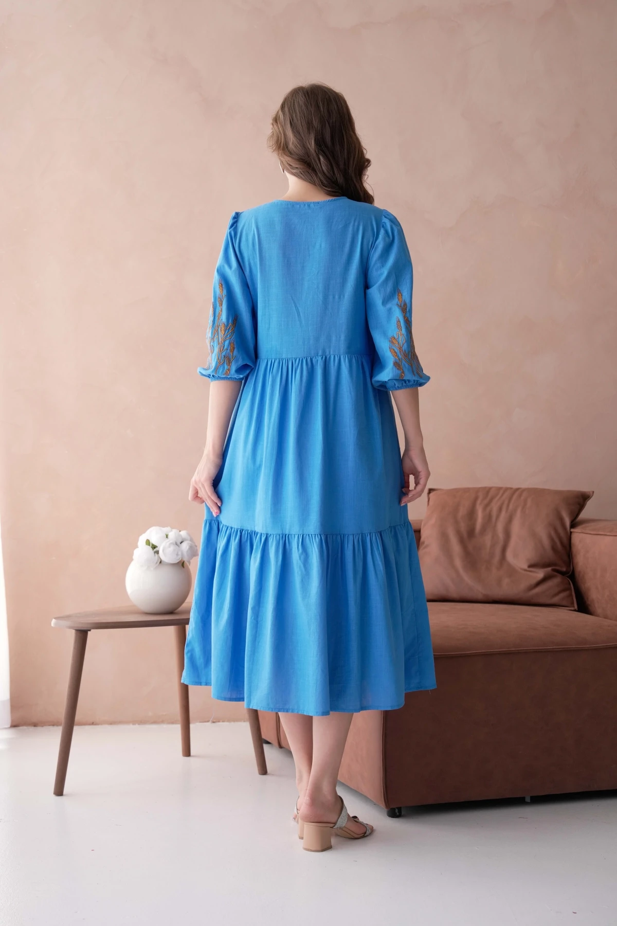 Kadın Bisiklet Yaka Astarlı Nakış Detay Volanlı Dokuma Elbise 23101