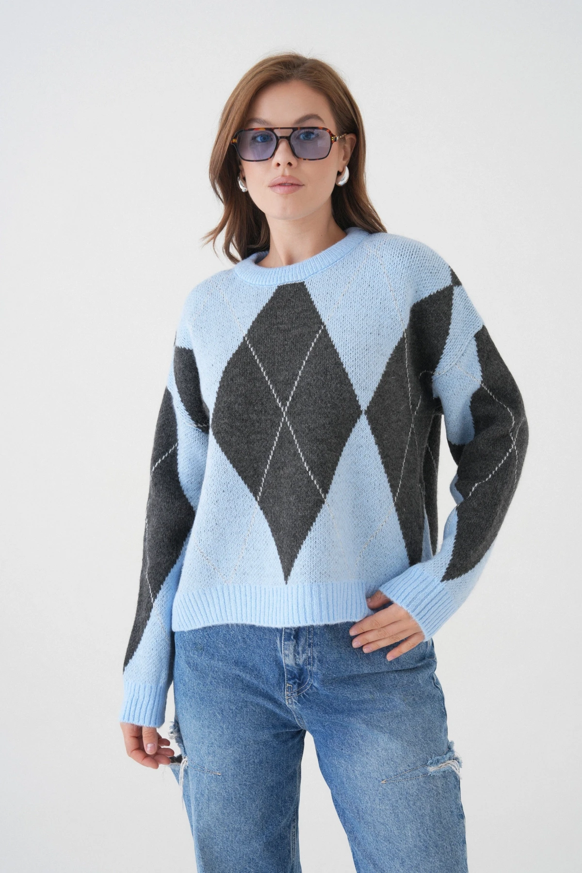 Kadın Bisiklet Yaka Baklava Desenli Triko Kazak 8490Sw