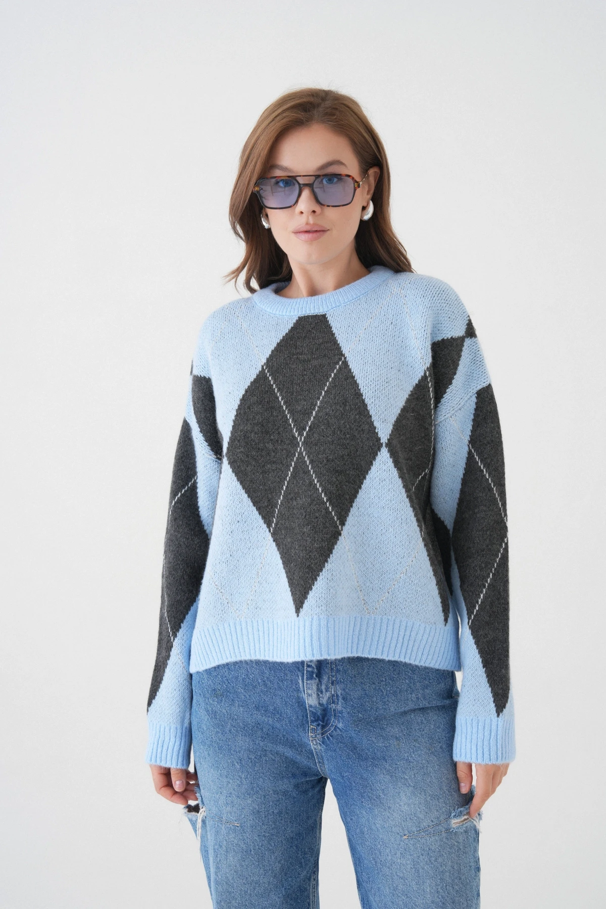 Kadın Bisiklet Yaka Baklava Desenli Triko Kazak 8490Sw