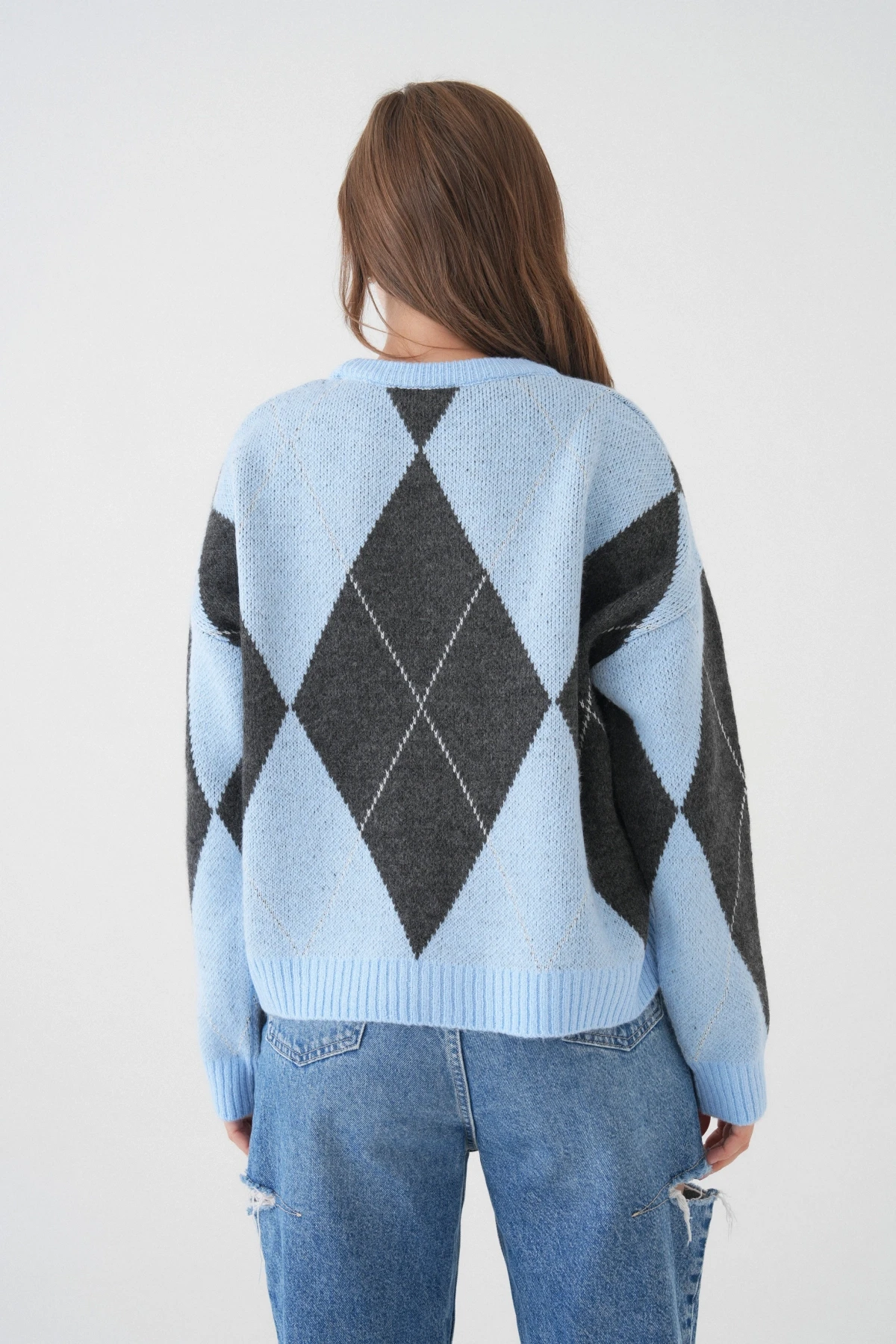 Kadın Bisiklet Yaka Baklava Desenli Triko Kazak 8490Sw