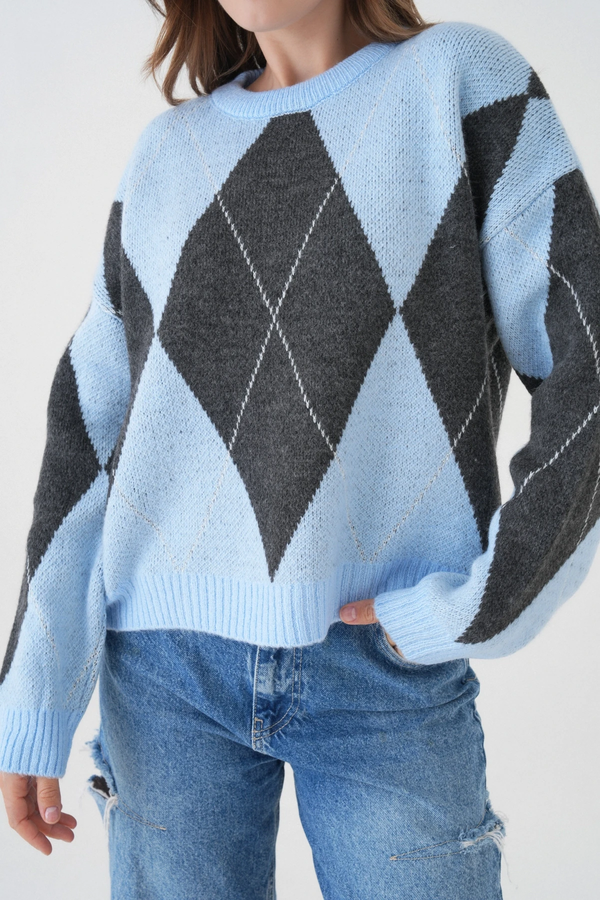 Kadın Bisiklet Yaka Baklava Desenli Triko Kazak 8490Sw